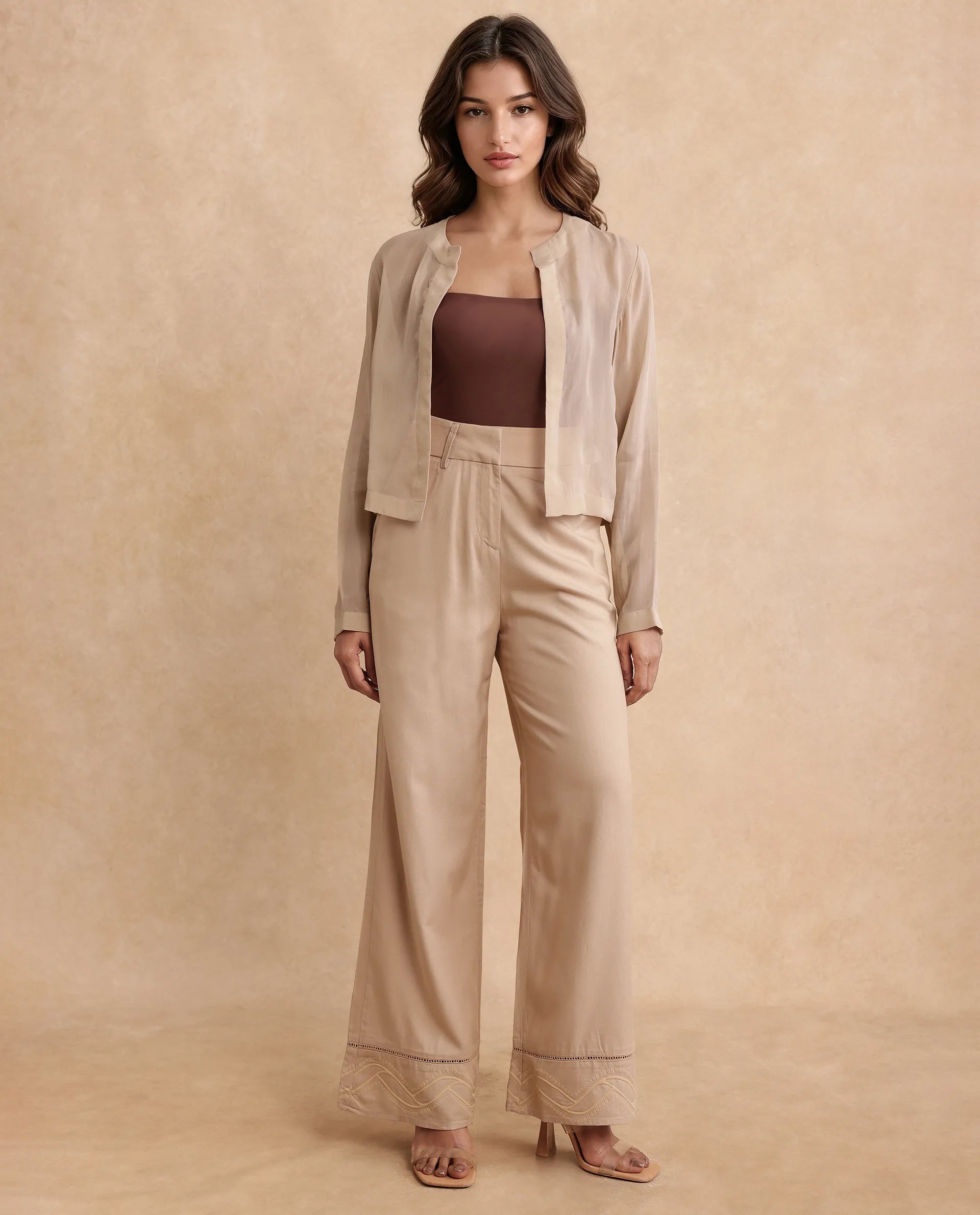 Rareism Women's Somshre Beige Viscose Collarless Plain Crop Regular Fit Jacket