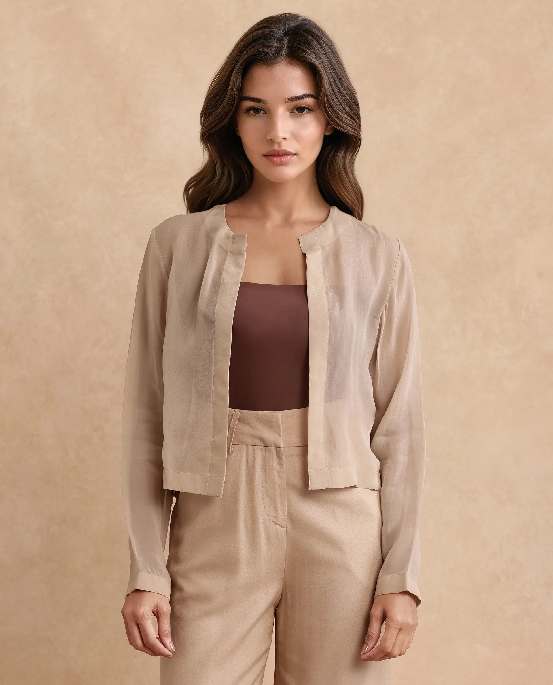 Rareism Women's Somshre Beige Viscose Collarless Plain Crop Regular Fit Jacket