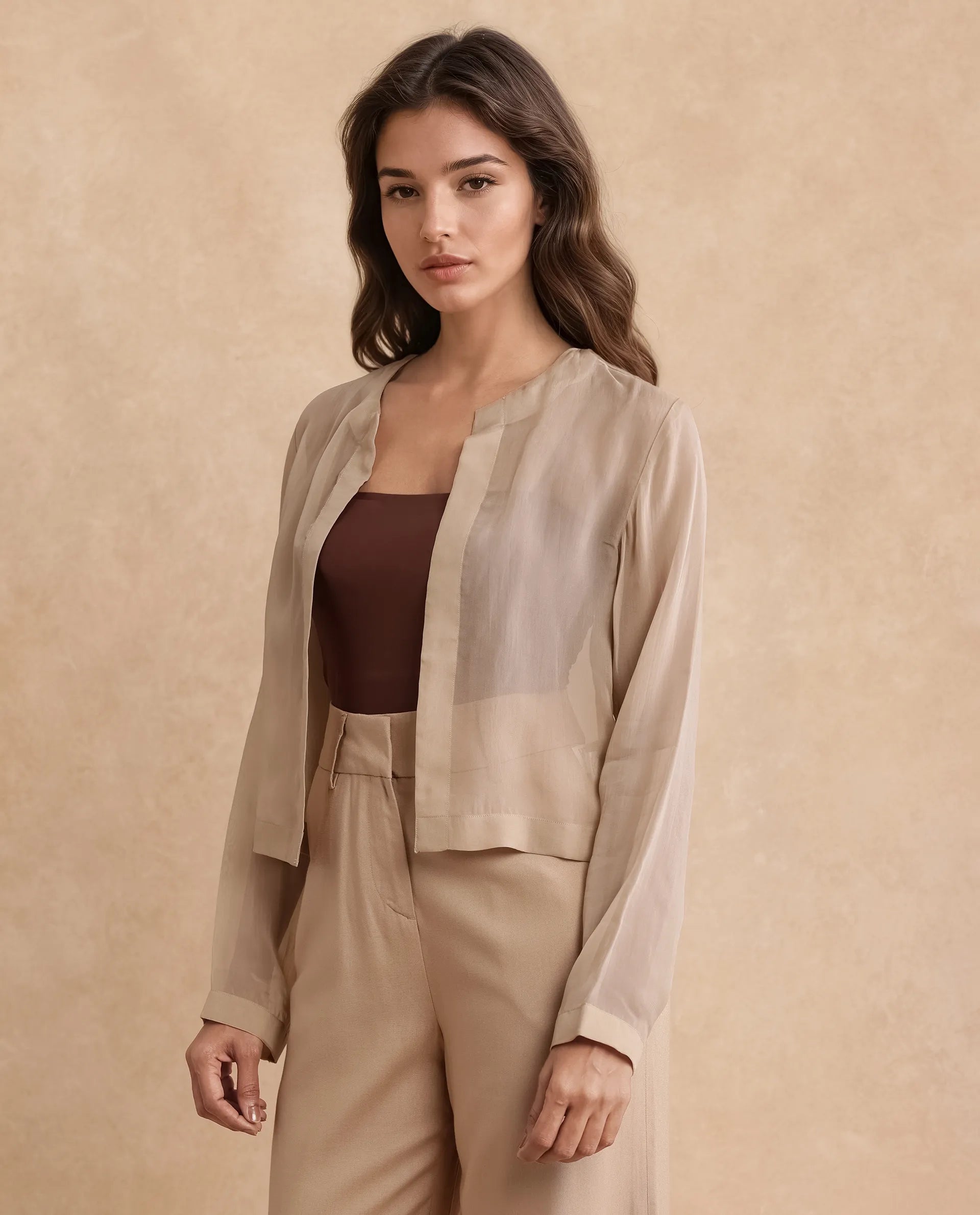 Rareism Women's Somshre Beige Viscose Collarless Plain Crop Regular Fit Jacket