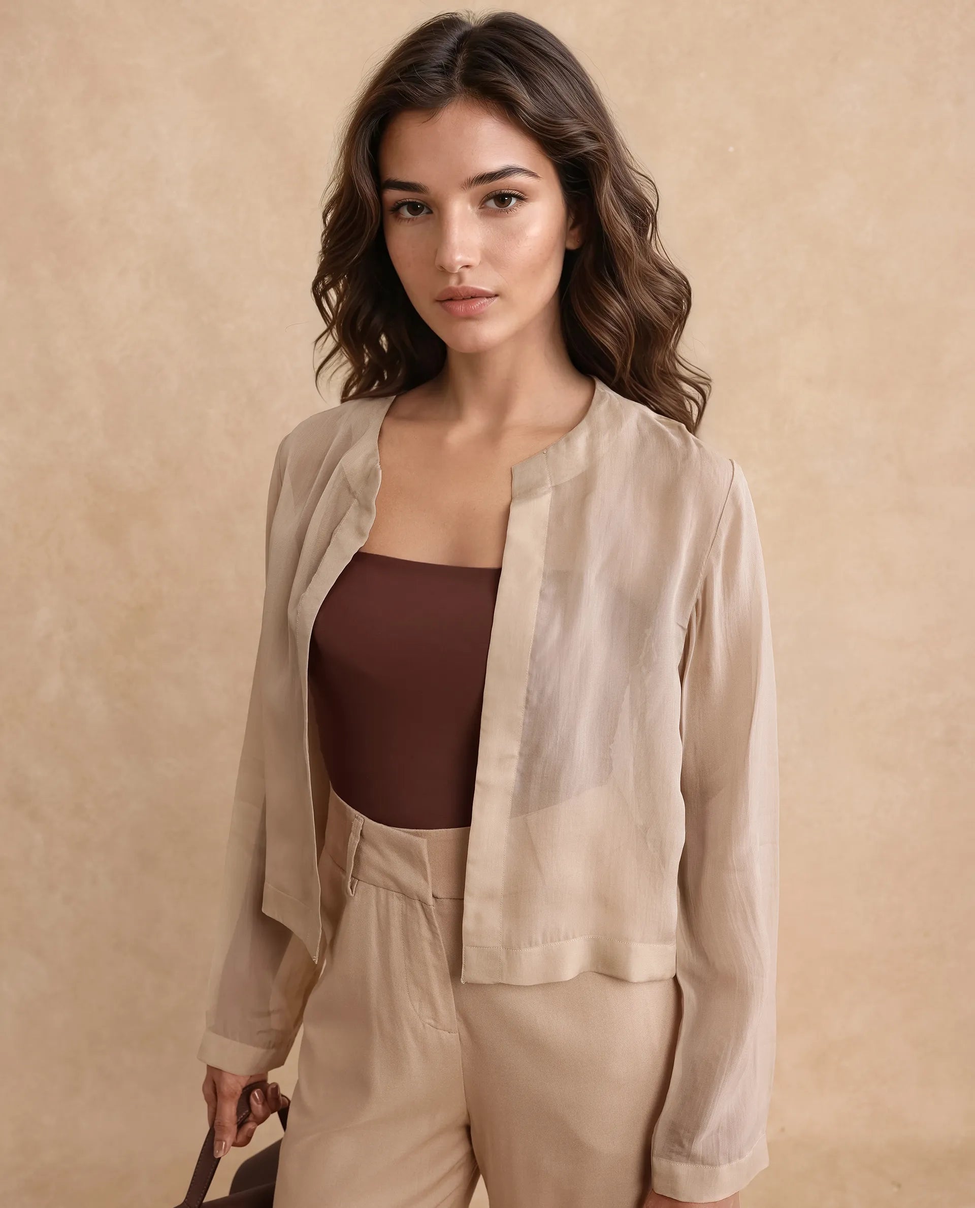 Rareism Women's Somshre Beige Viscose Collarless Plain Crop Regular Fit Jacket