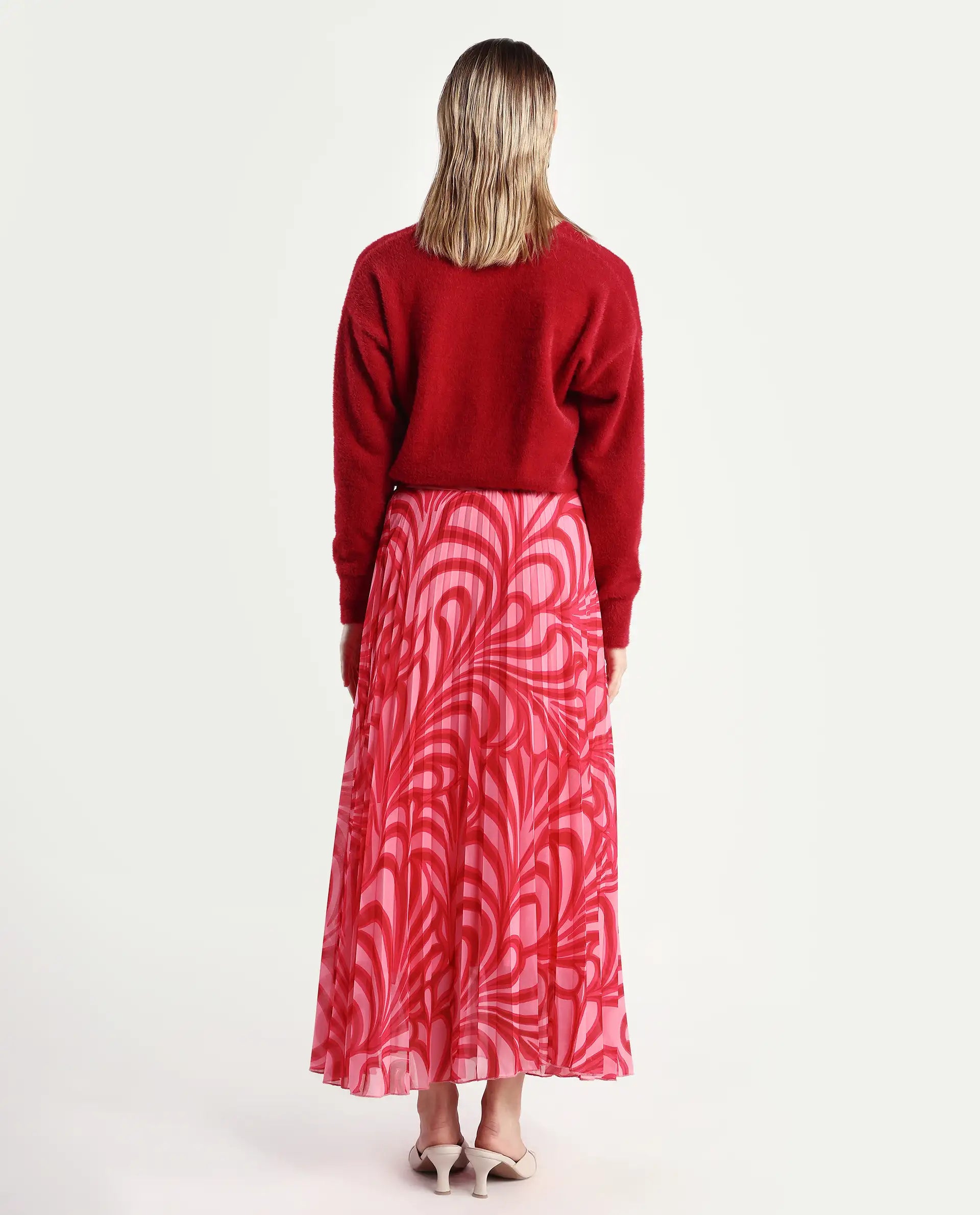 Rareism Women's Somsiri Pink Polyester Abstract Print Maxi Flared Skirt