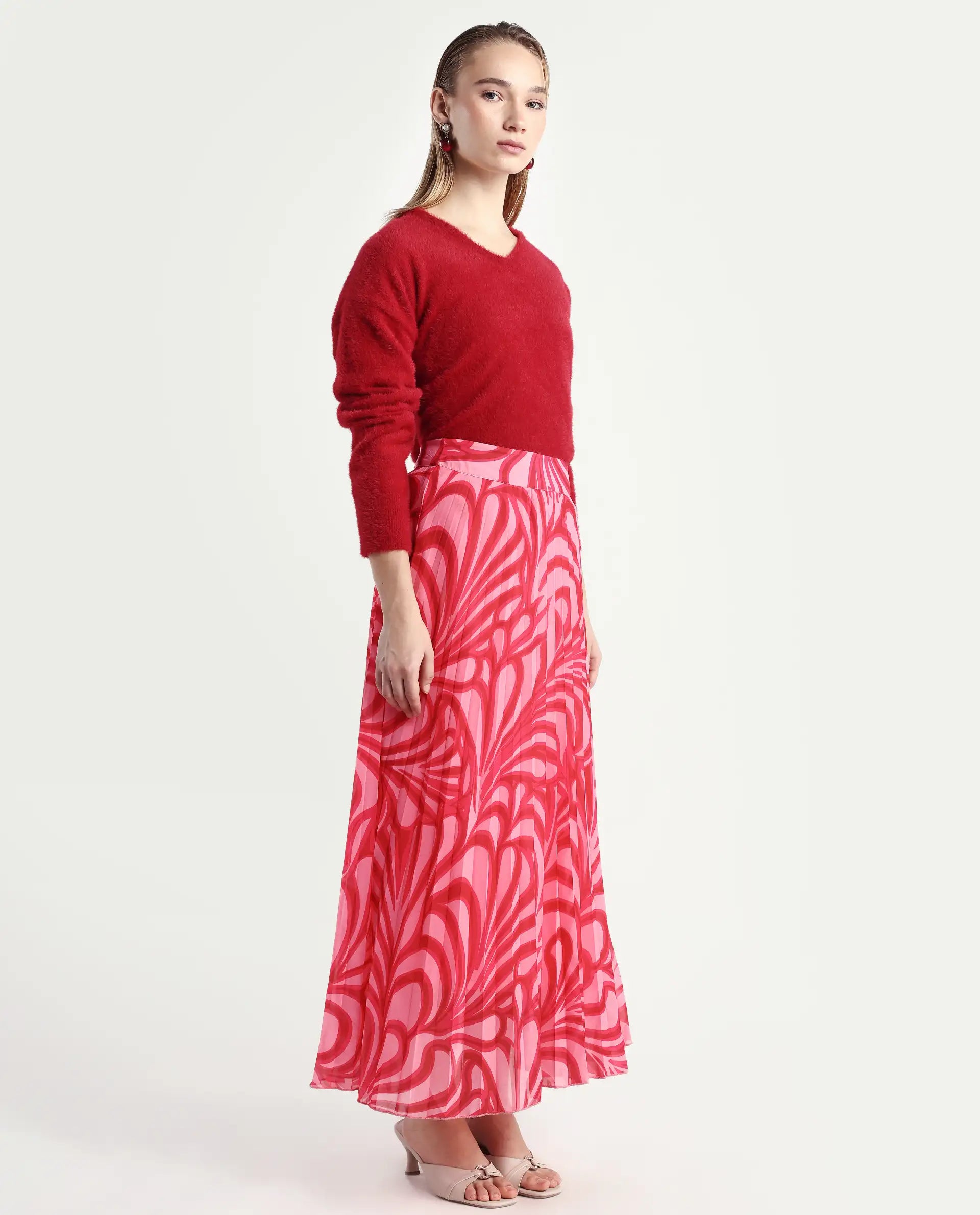 Rareism Women's Somsiri Pink Polyester Abstract Print Maxi Flared Skirt