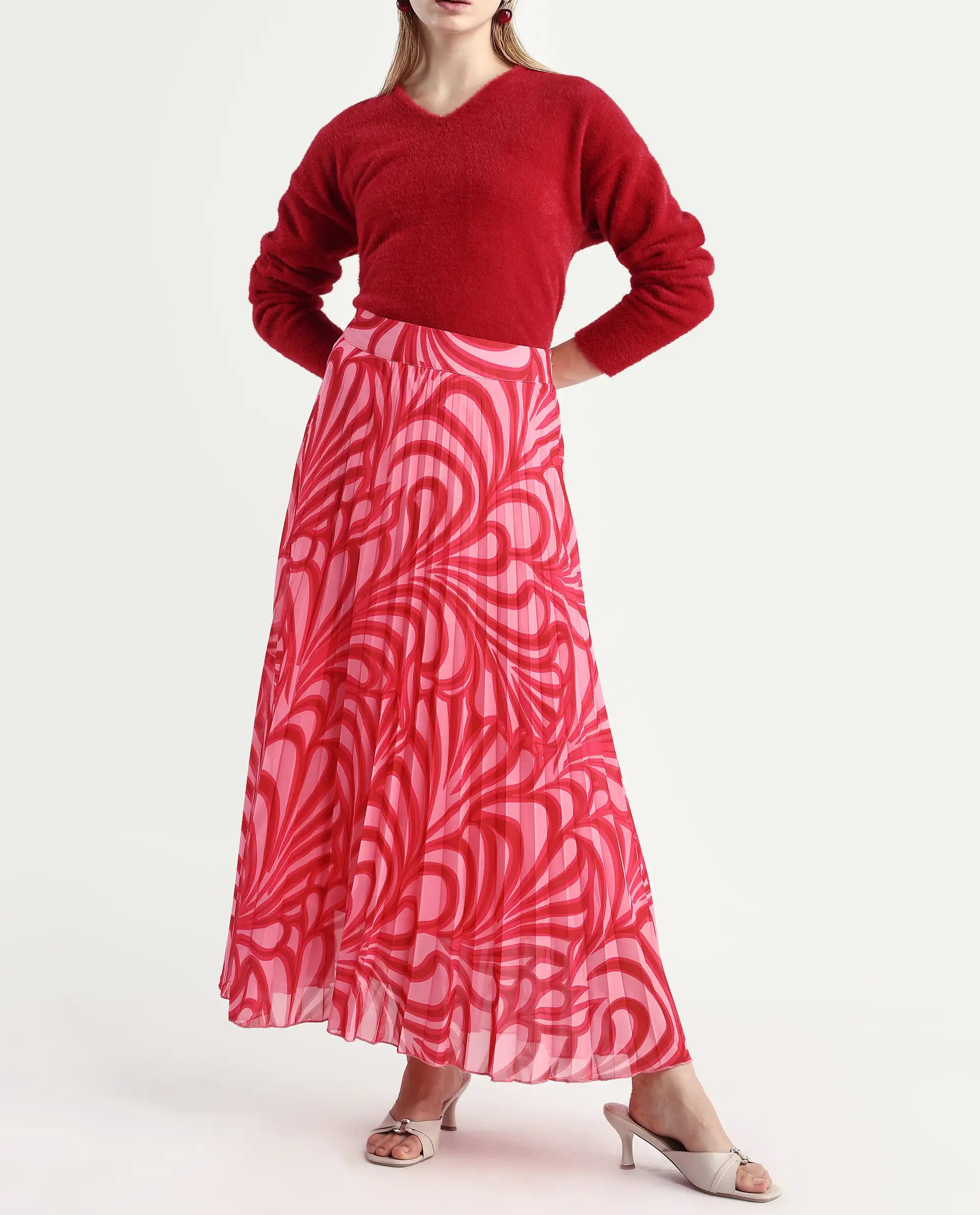 Rareism Women's Somsiri Pink Polyester Abstract Print Maxi Flared Skirt