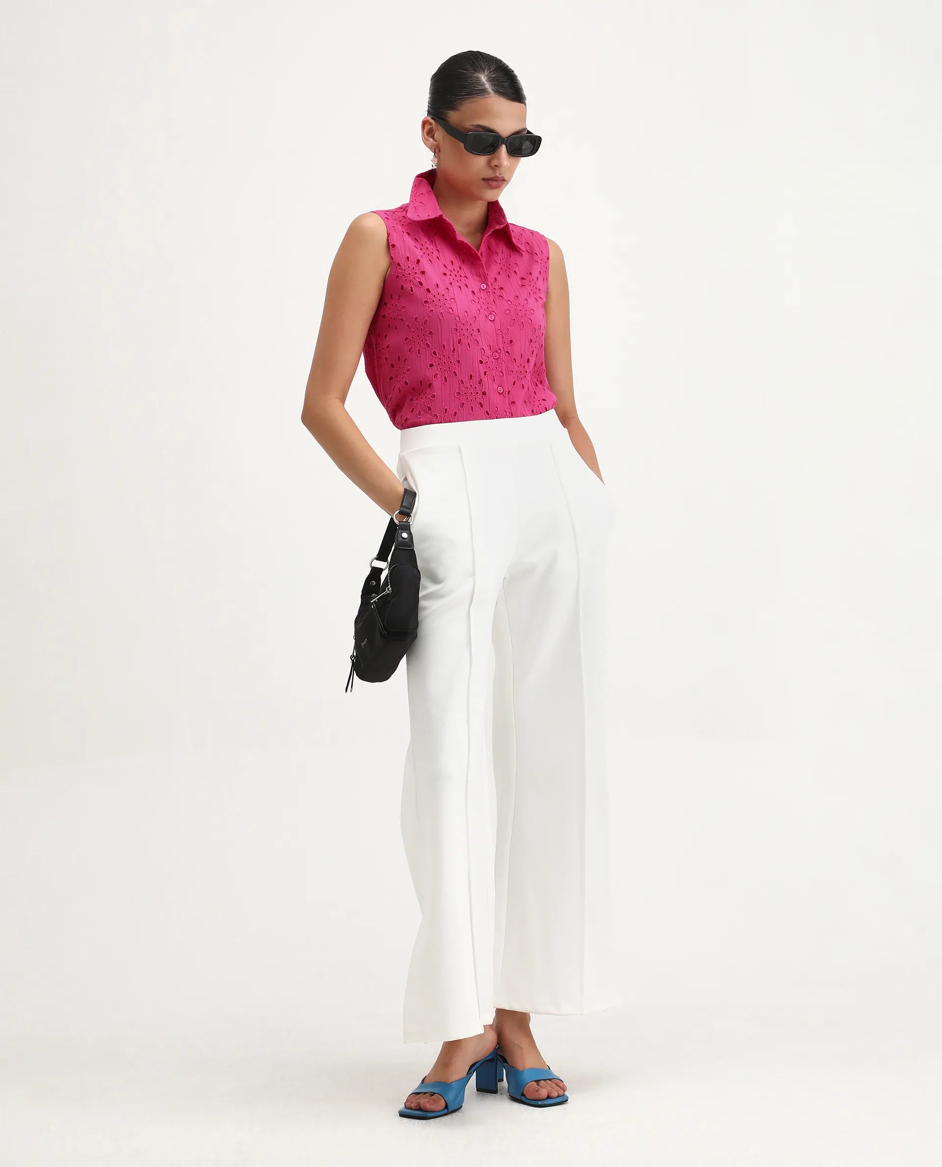 Rareism Women's Somtel Pink Cotton Spread Collar Schiffli Sleeveless Crop Regular Fit Top