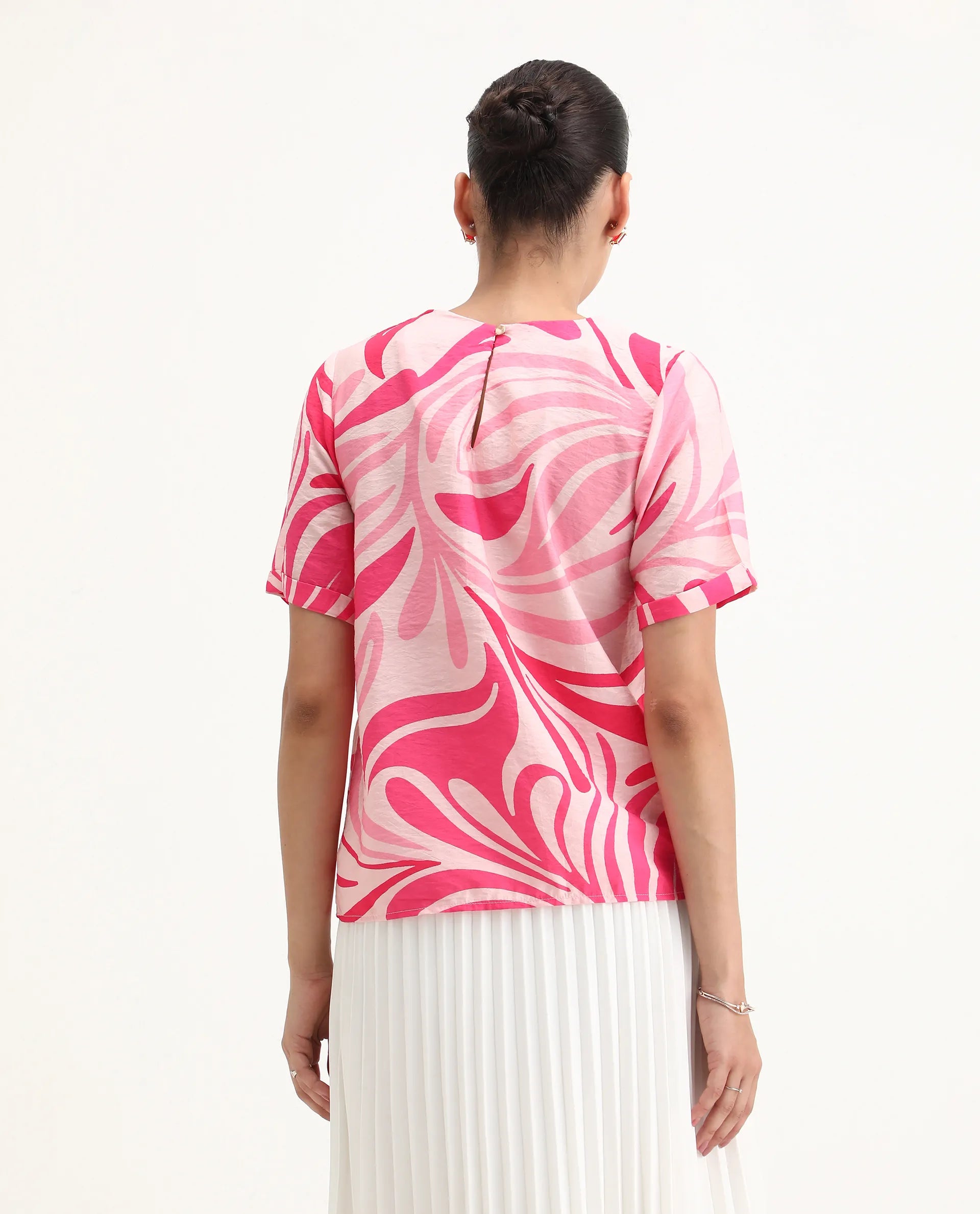 Rareism Women's Somtij Pink Viscose Blend Round Neck Abstract Print Regular Fit Top