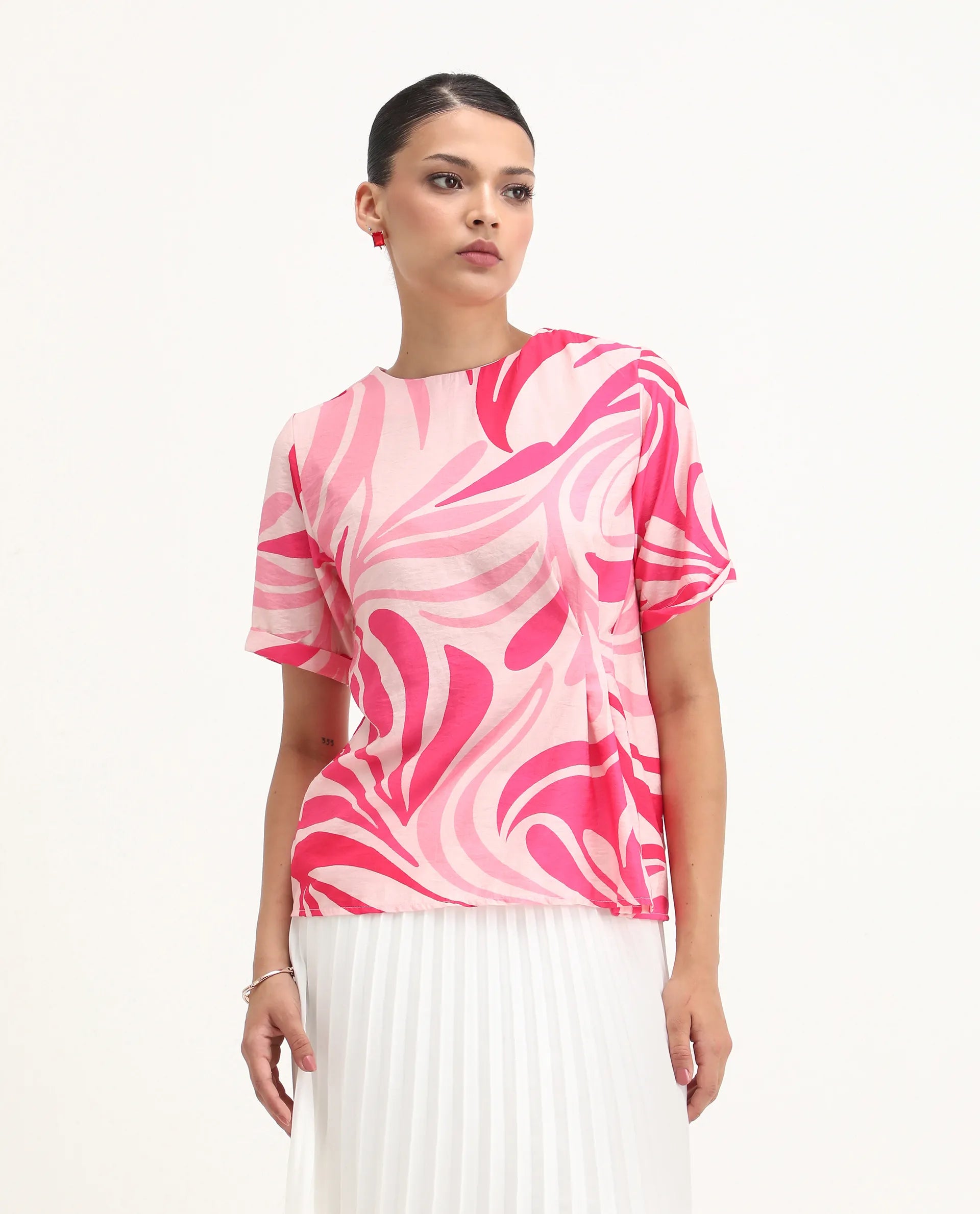 Rareism Women's Somtij Pink Viscose Blend Round Neck Abstract Print Regular Fit Top