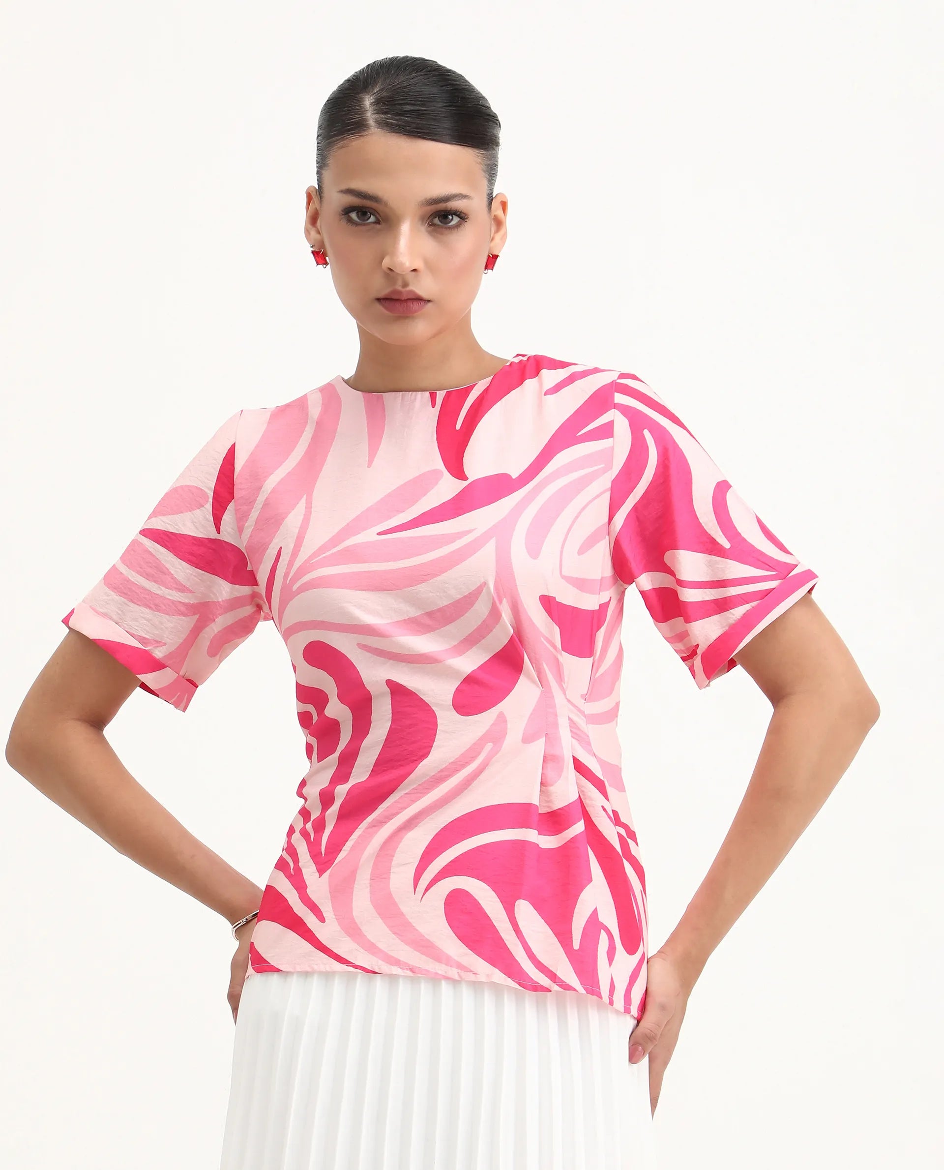 Rareism Women's Somtij Pink Viscose Blend Round Neck Abstract Print Regular Fit Top