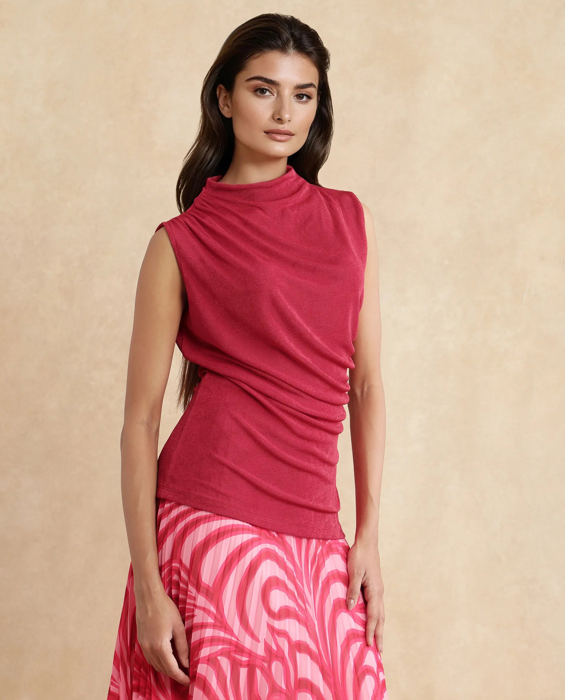 Rareism Women Somtus Red Cowl Neck Plain Top