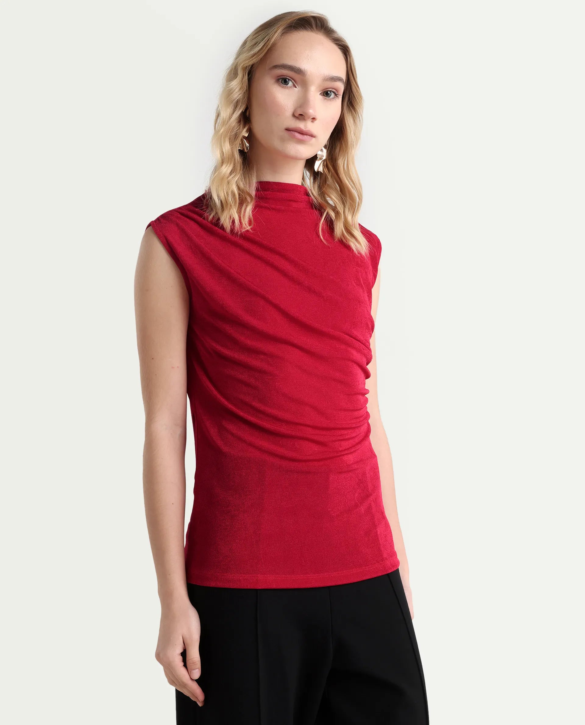Rareism Women's Somtus Red Polyester Blend Cowl Neck Plain Sleeveless Regular Fit Top