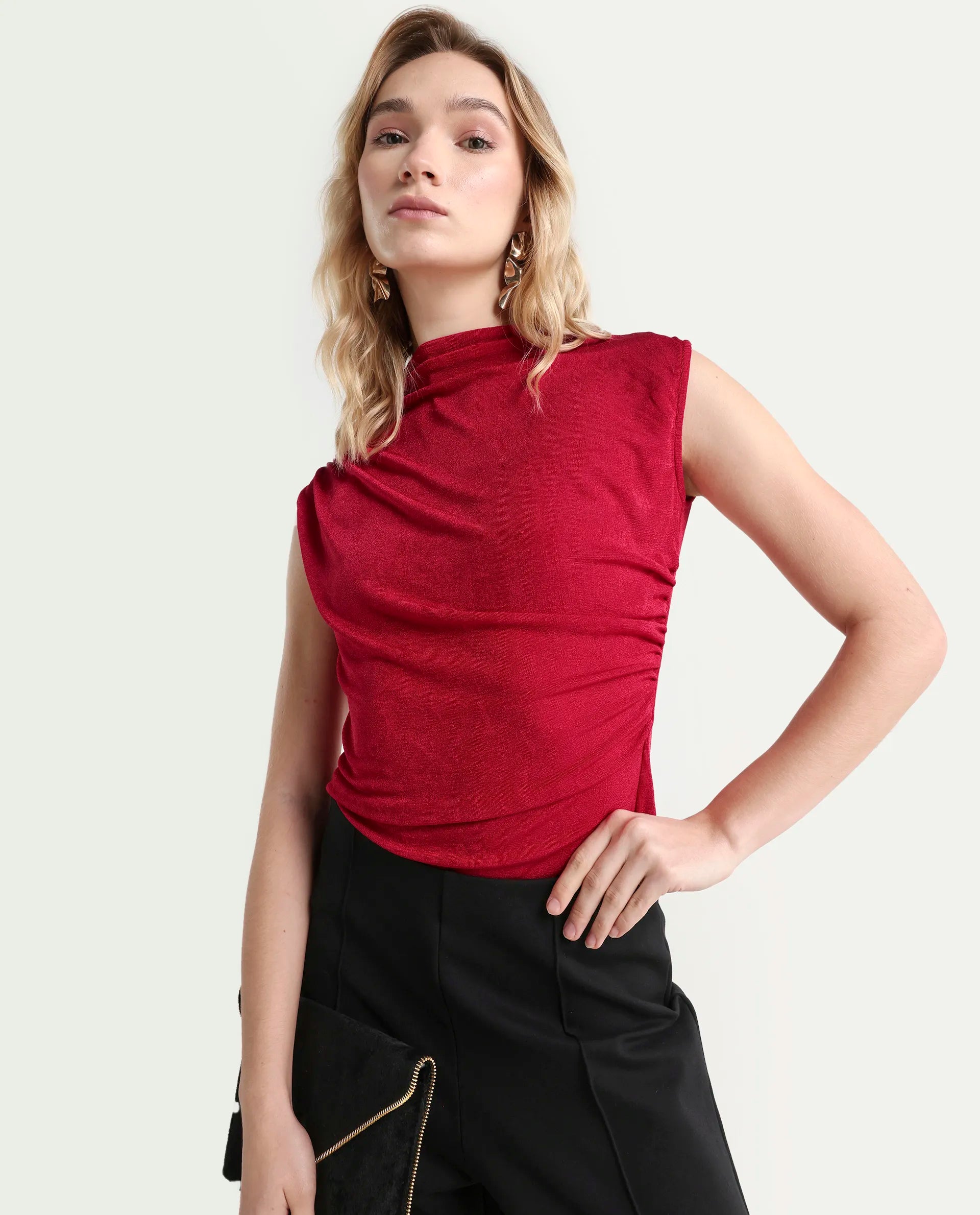 Rareism Women's Somtus Red Polyester Blend Cowl Neck Plain Sleeveless Regular Fit Top