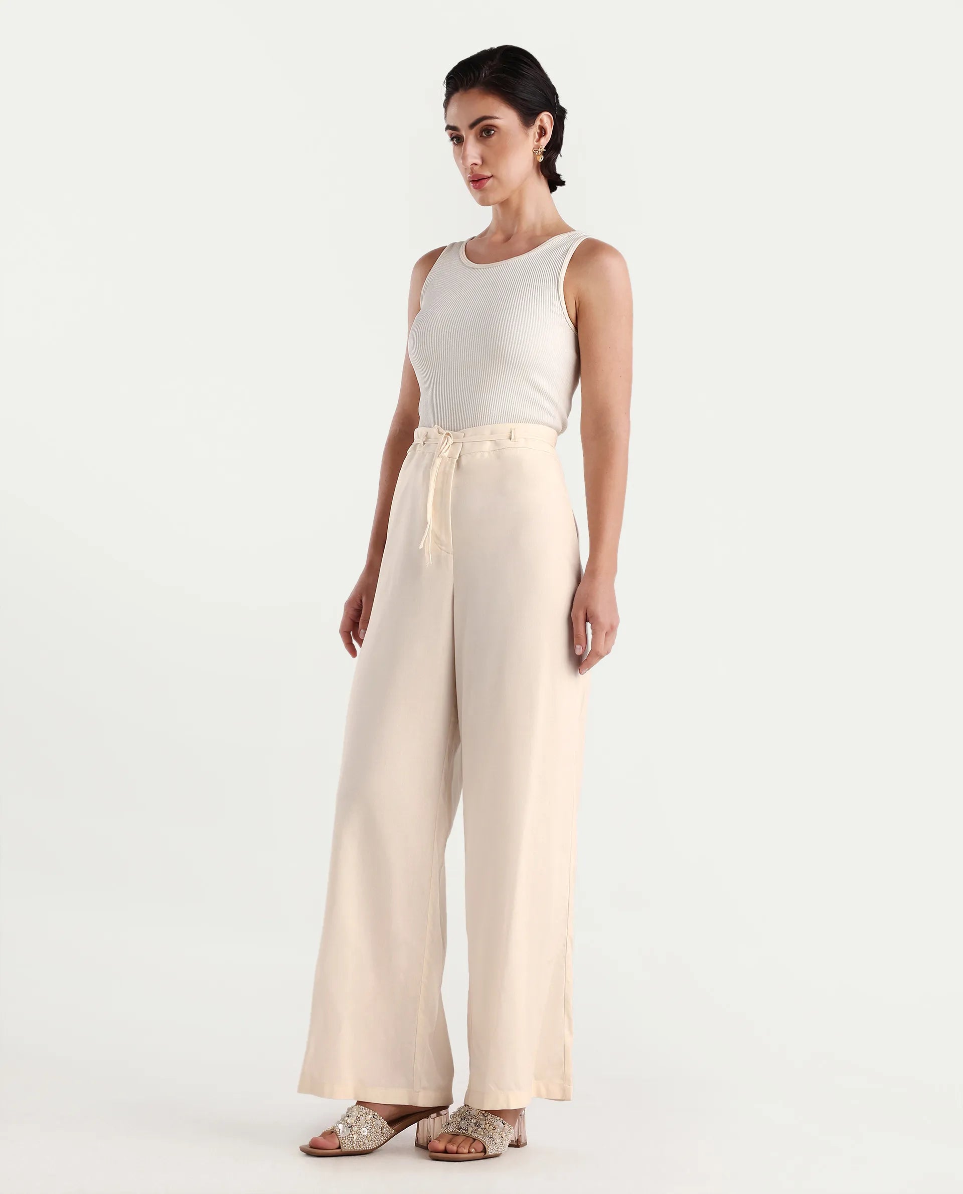 Rareism Women's Somuse Beige Viscose Plain Ankle Length Wide Trouser