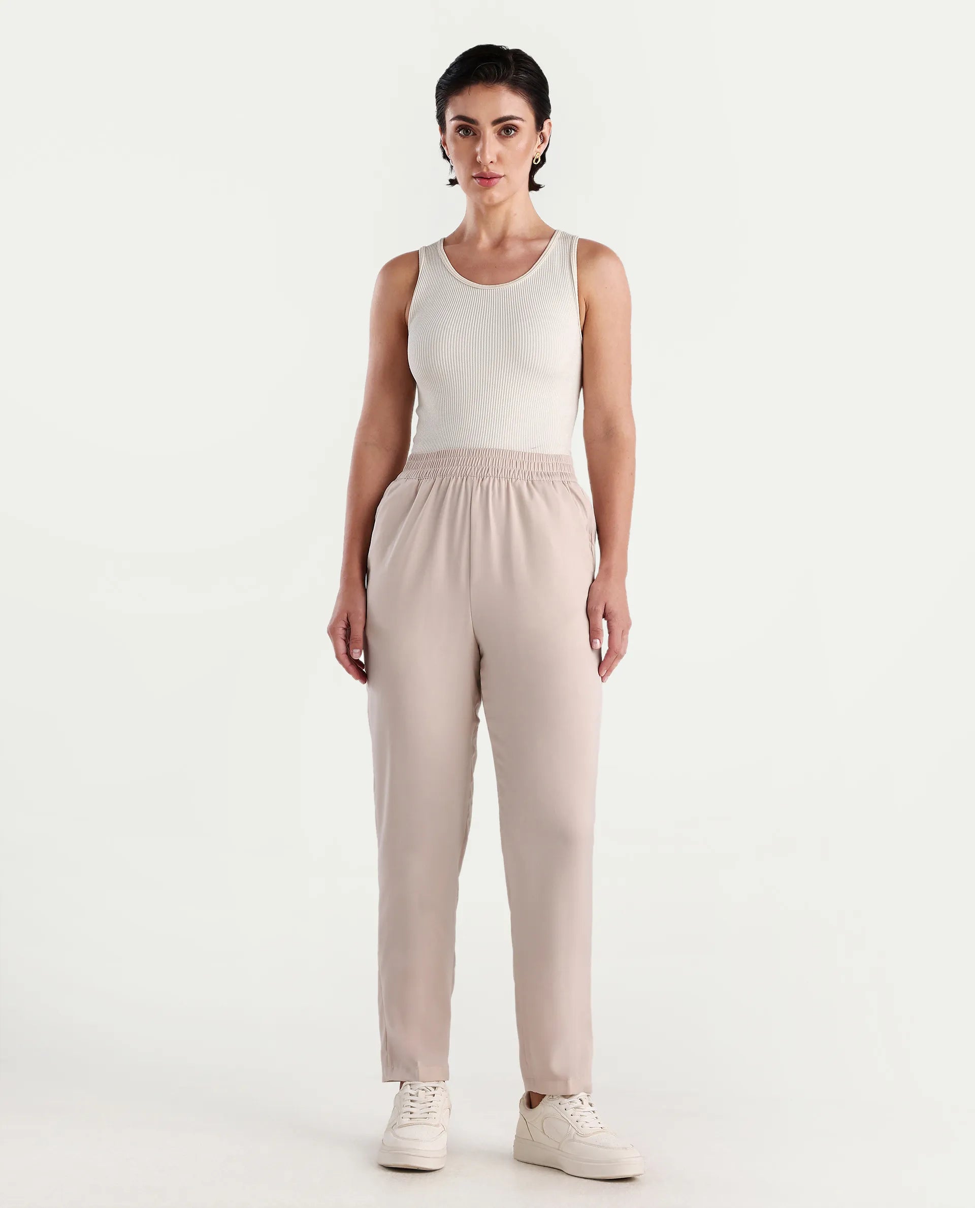 Rareism Women's Somuth Beige Polyester Plain Ankle Length Straight Fit Trouser