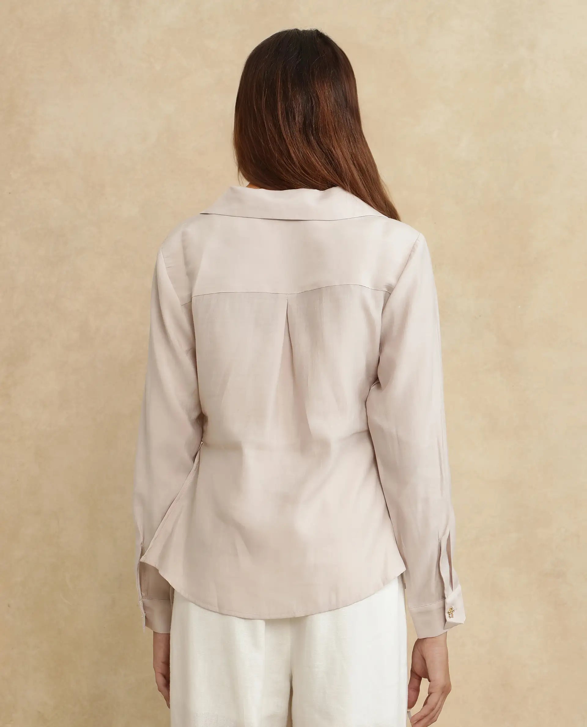 Rareism Women Somvi Beige Viscose Nylon Fabric Full Sleeve Johnny Collar Tie-Up Closure Relaxed Fit Plain Top