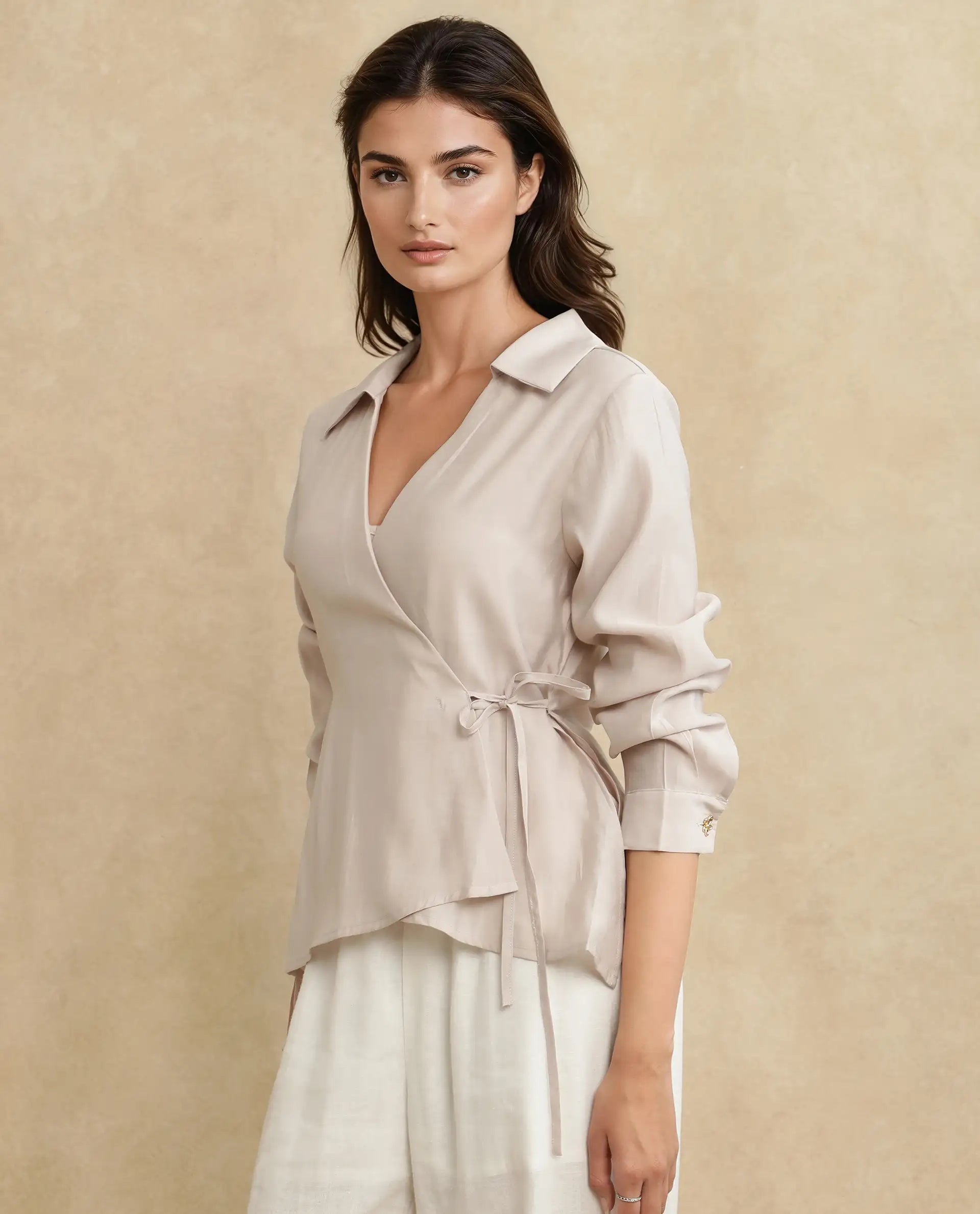 Rareism Women Somvi Beige Viscose Nylon Fabric Full Sleeve Johnny Collar Tie-Up Closure Relaxed Fit Plain Top