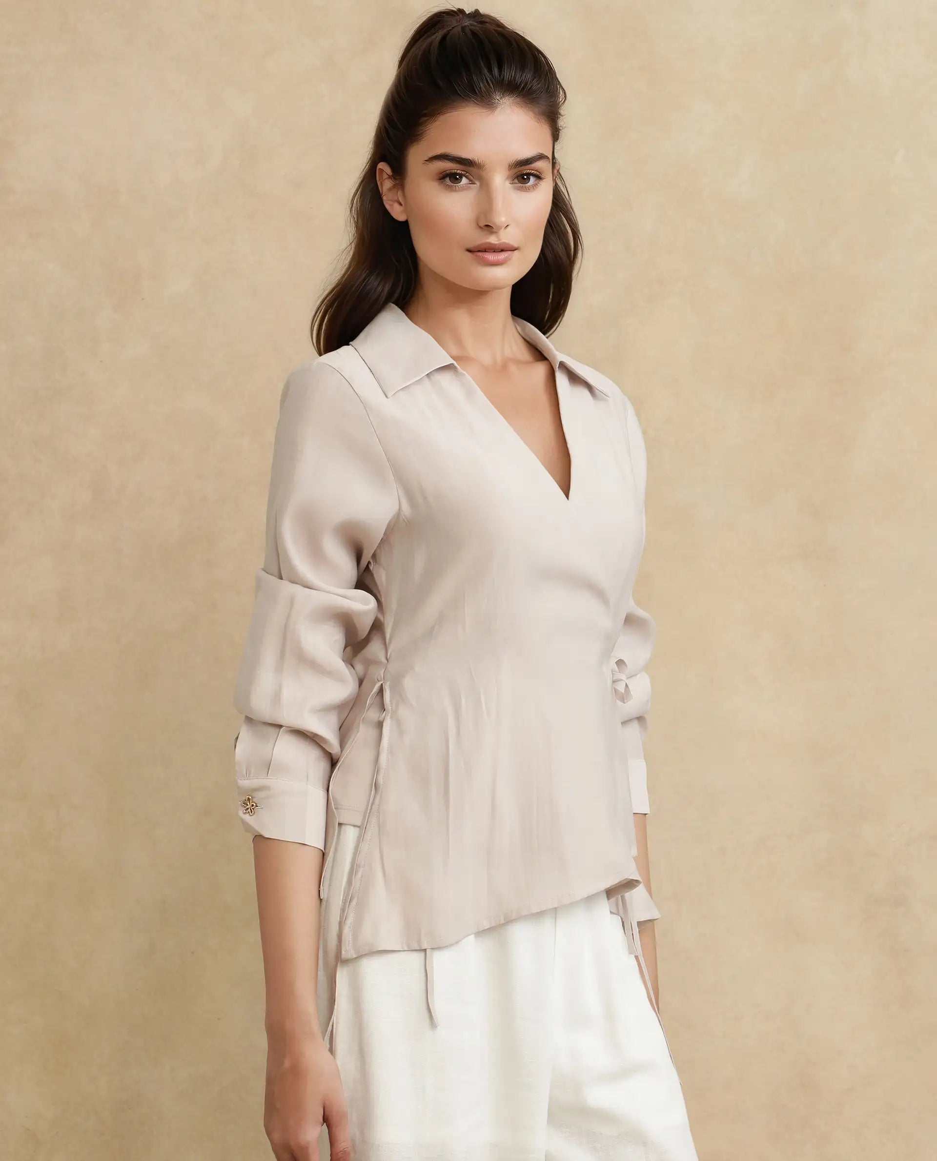 Rareism Women Somvi Beige Viscose Nylon Fabric Full Sleeve Johnny Collar Tie-Up Closure Relaxed Fit Plain Top