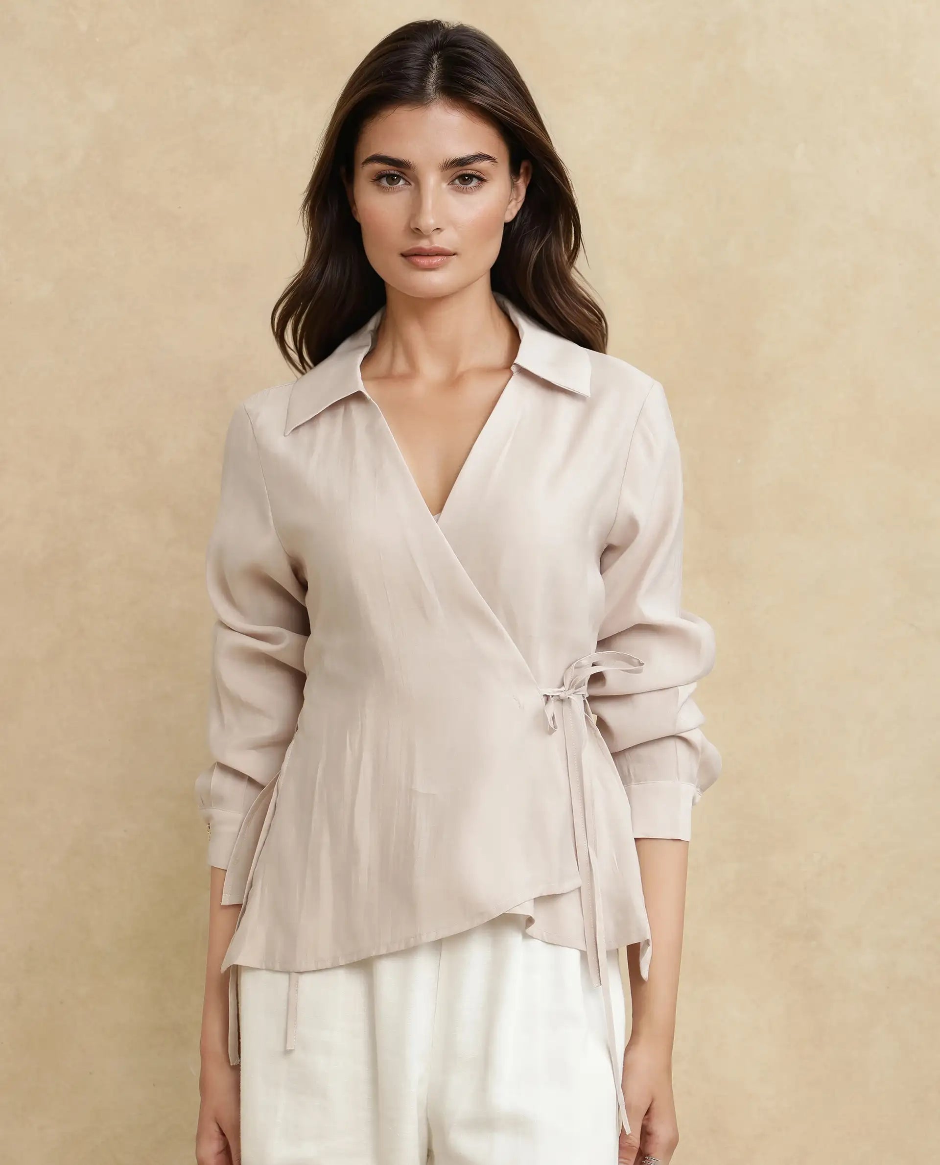 Rareism Women Somvi Beige Viscose Nylon Fabric Full Sleeve Johnny Collar Tie-Up Closure Relaxed Fit Plain Top