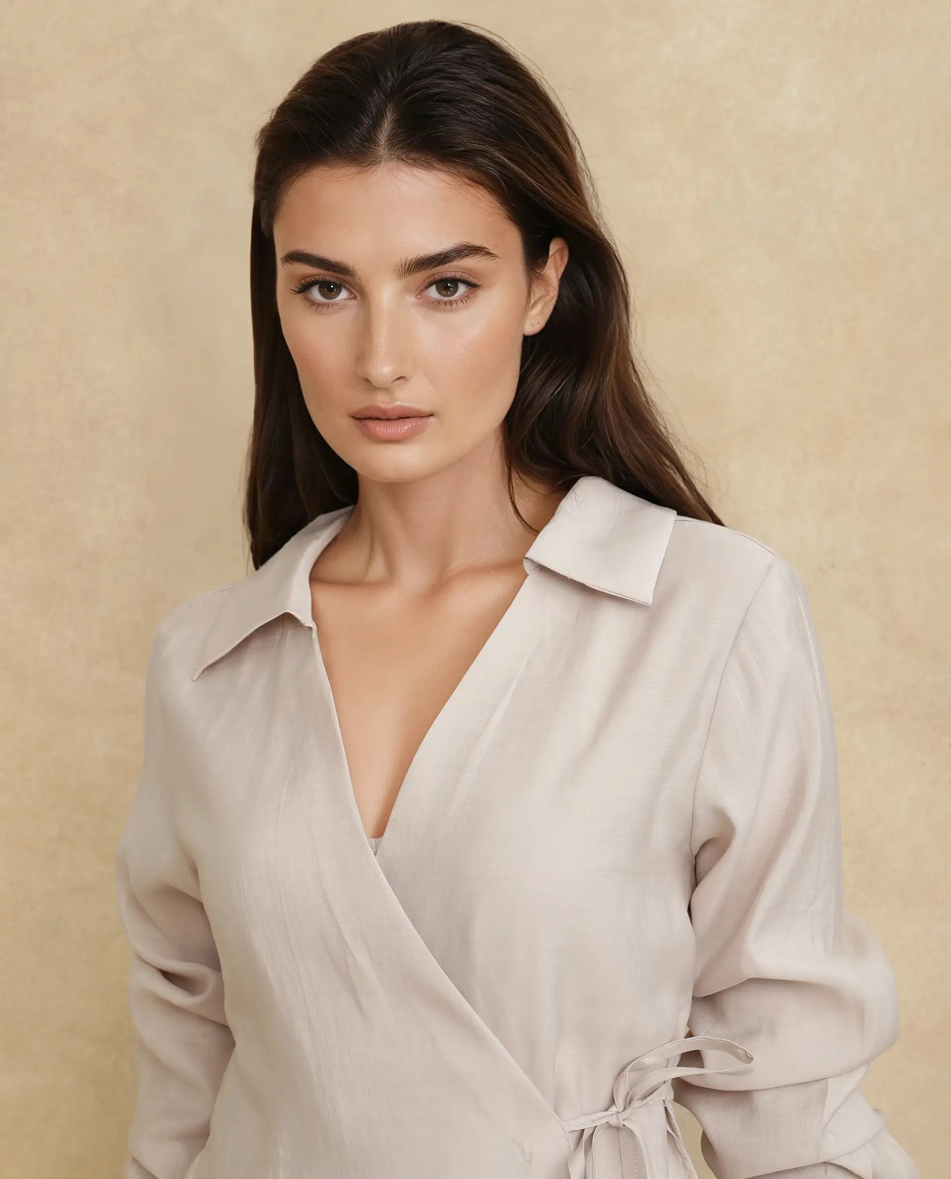 Rareism Women Somvi Beige Viscose Nylon Fabric Full Sleeve Johnny Collar Tie-Up Closure Relaxed Fit Plain Top