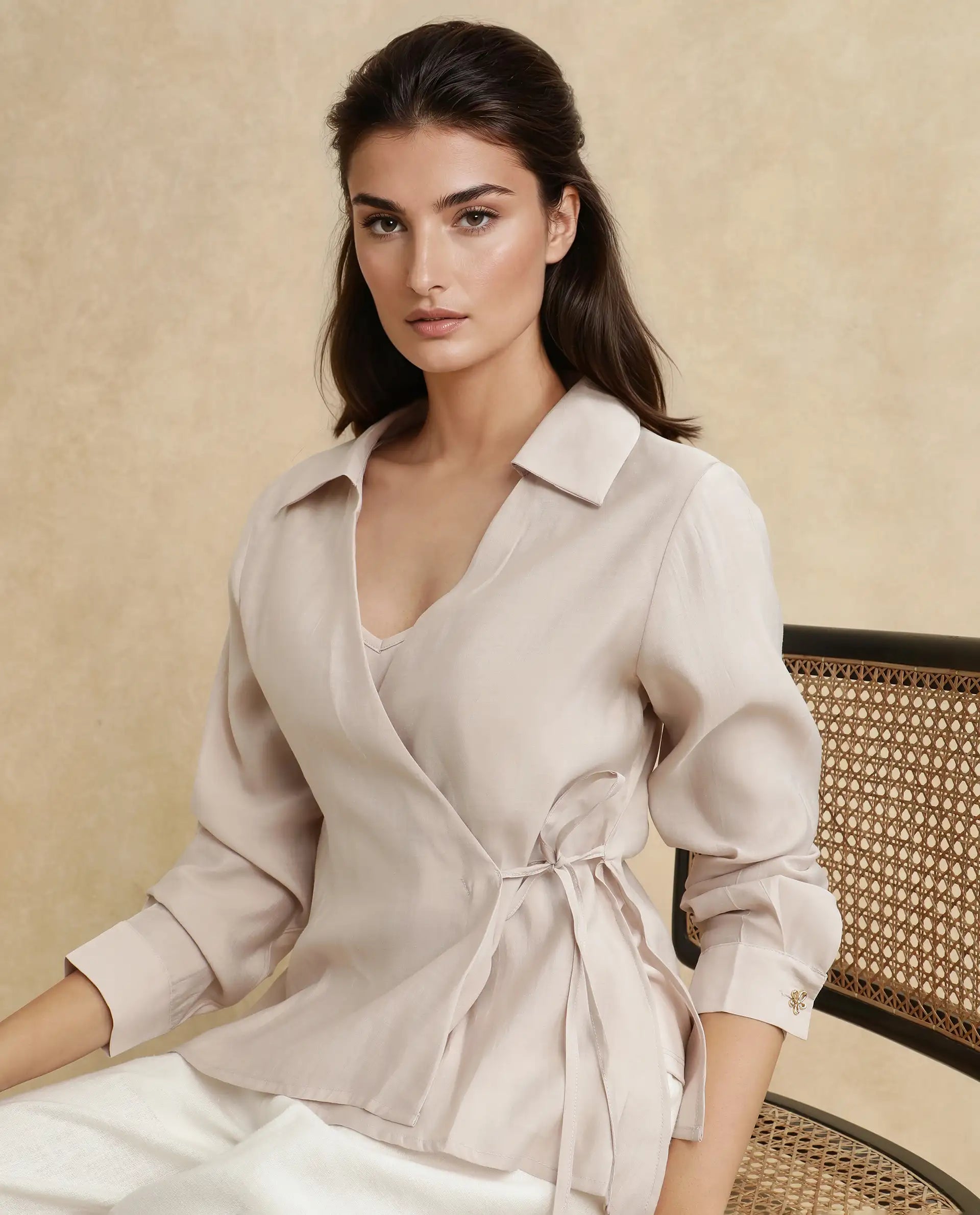 Rareism Women Somvi Beige Viscose Nylon Fabric Full Sleeve Johnny Collar Tie-Up Closure Relaxed Fit Plain Top