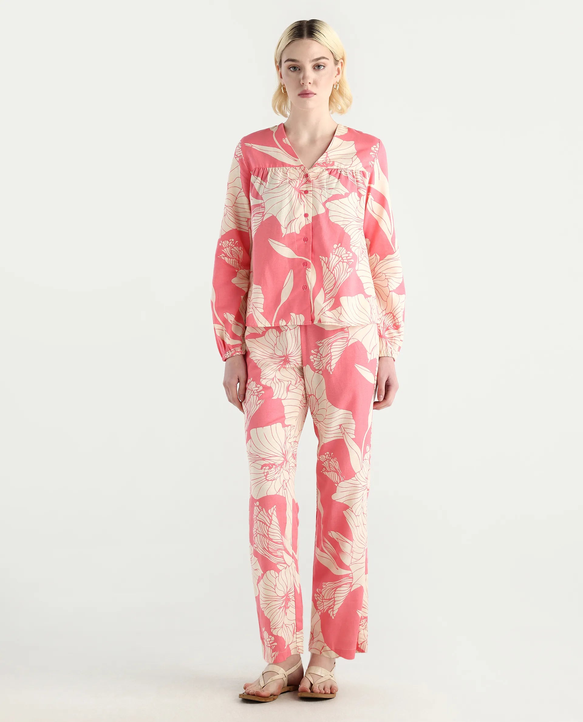 Rareism Women's Somyan B Pink Rayon Floral Print Ankle Length Straight Fit Trouser