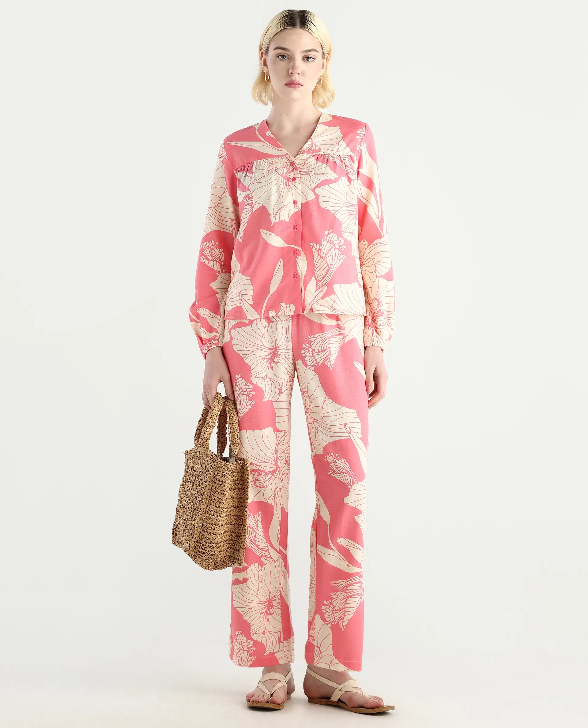 Rareism Women's Somyan B Pink Rayon Floral Print Ankle Length Straight Fit Trouser