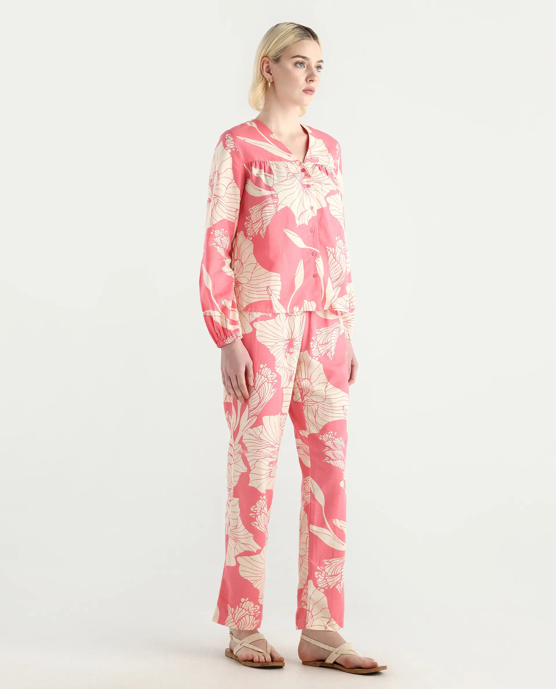 Rareism Women's Somyan B Pink Rayon Floral Print Ankle Length Straight Fit Trouser