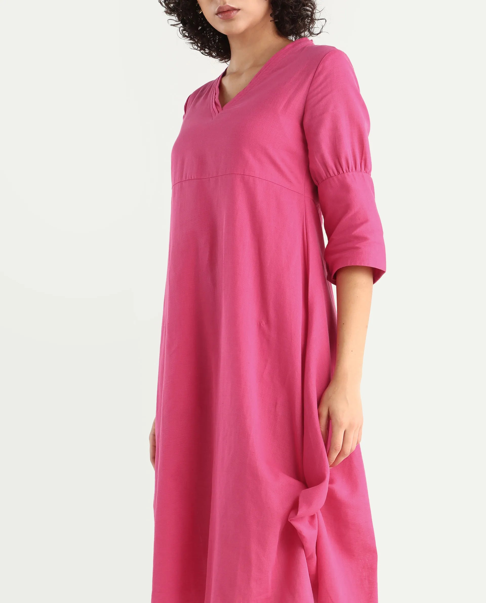 Rareism Women's Somyer Pink Linen V-Neck Plain Midi Flared Dress