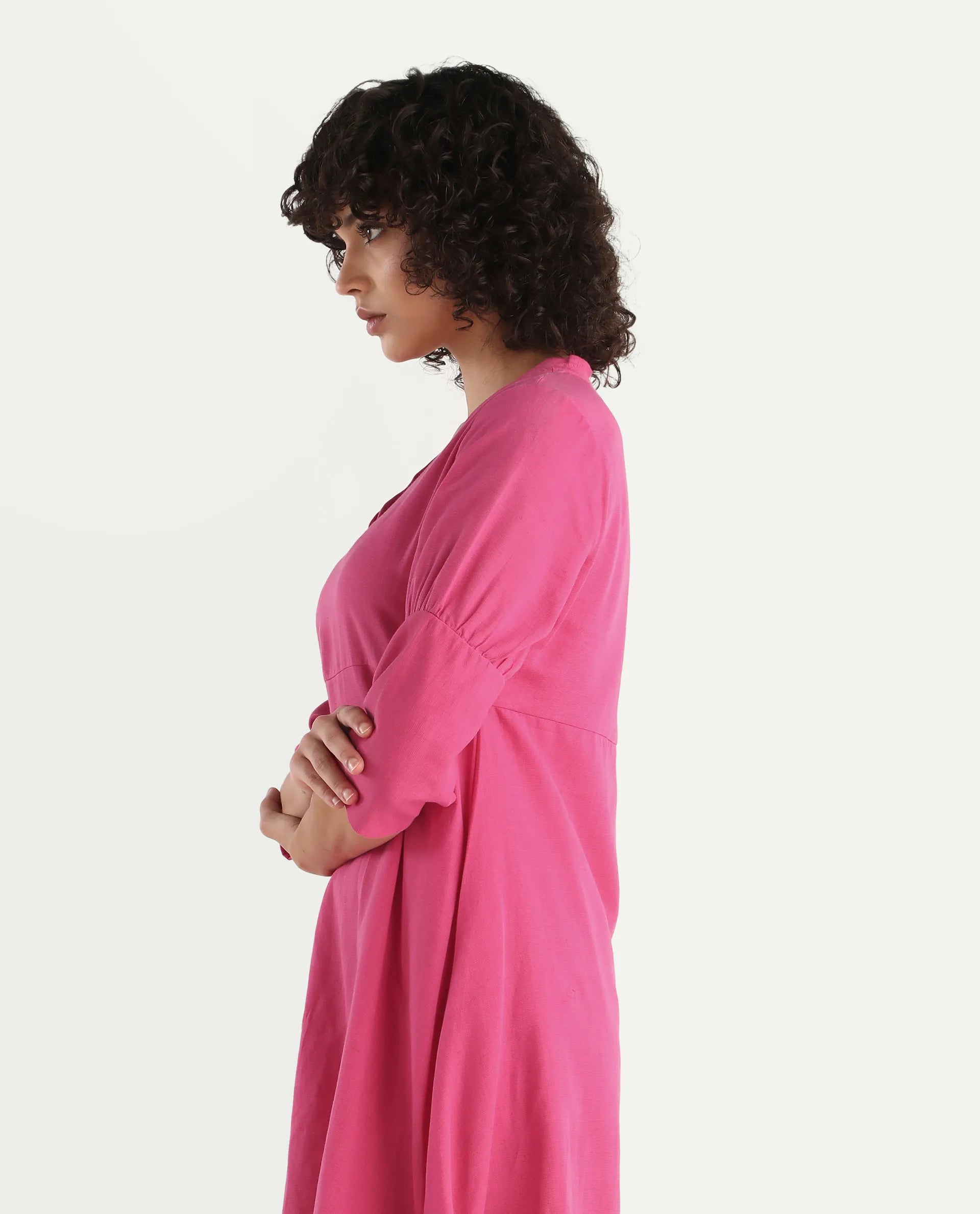 Rareism Women's Somyer Pink Linen V-Neck Plain Midi Flared Dress