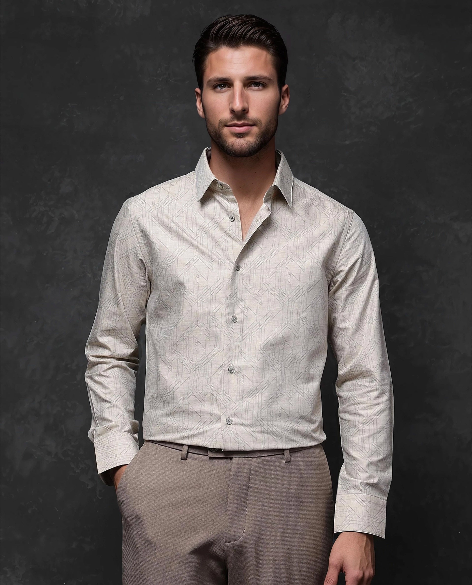 Rare Rabbit Men's Sonnet Beige Cotton Geometric Print Regular Fit Full Sleeve Collared Shirt