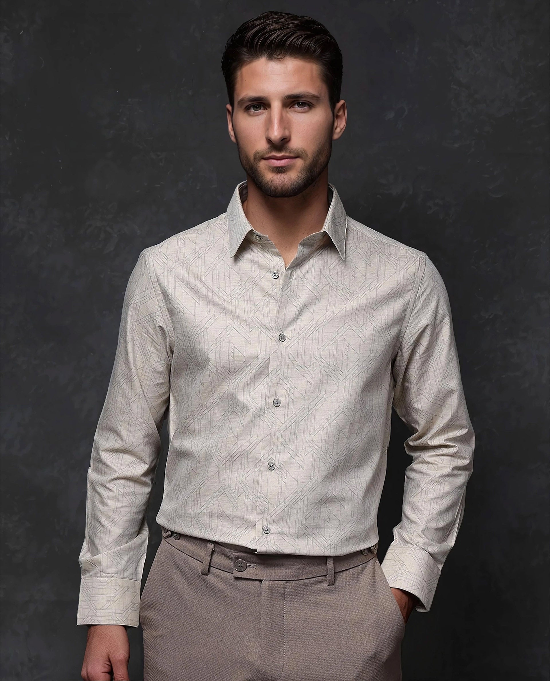 Rare Rabbit Men's Sonnet Beige Cotton Geometric Print Regular Fit Full Sleeve Collared Shirt