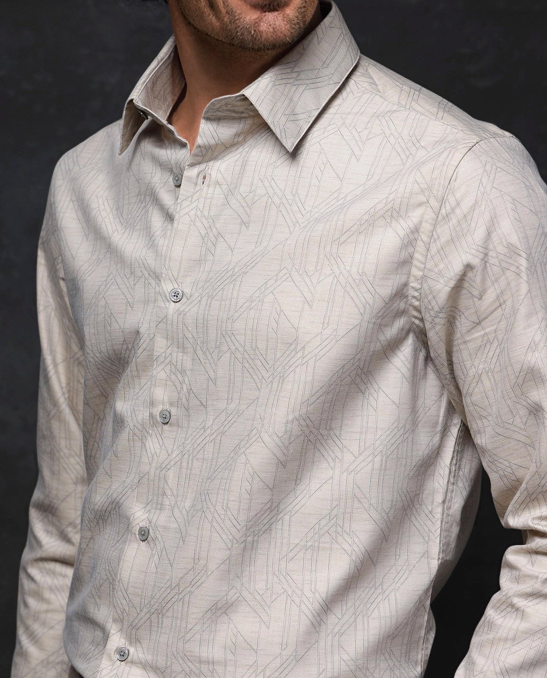 Rare Rabbit Men's Sonnet Beige Cotton Geometric Print Regular Fit Full Sleeve Collared Shirt