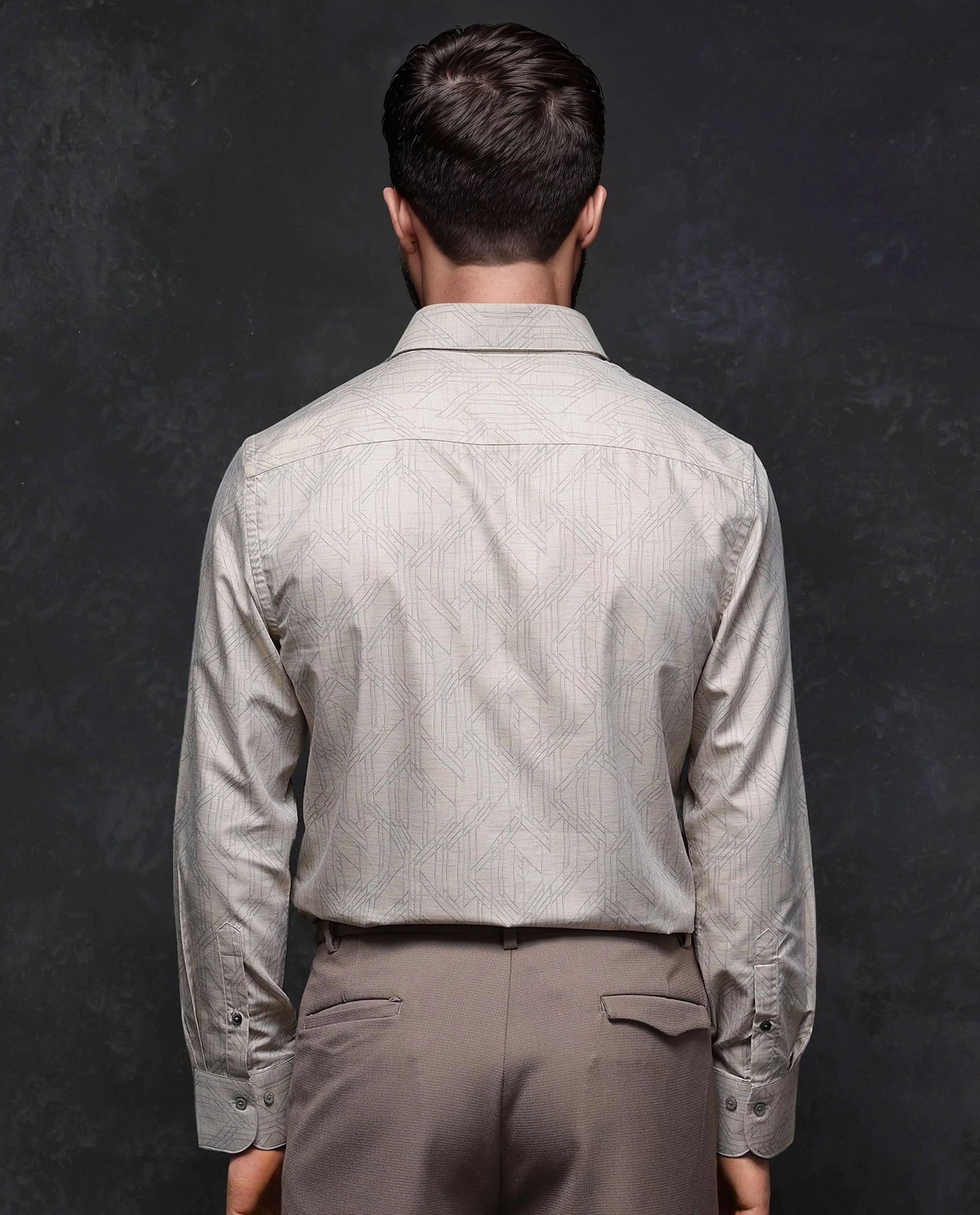 Rare Rabbit Men's Sonnet Beige Cotton Geometric Print Regular Fit Full Sleeve Collared Shirt