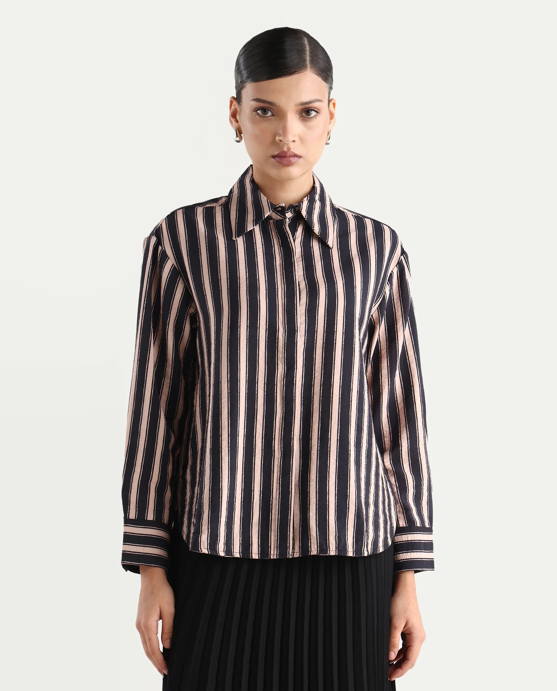 Rareism Women's Sonora Black Viscose Blend Drop Collar Striped Cuffed Sleeve Regular Fit Shirt