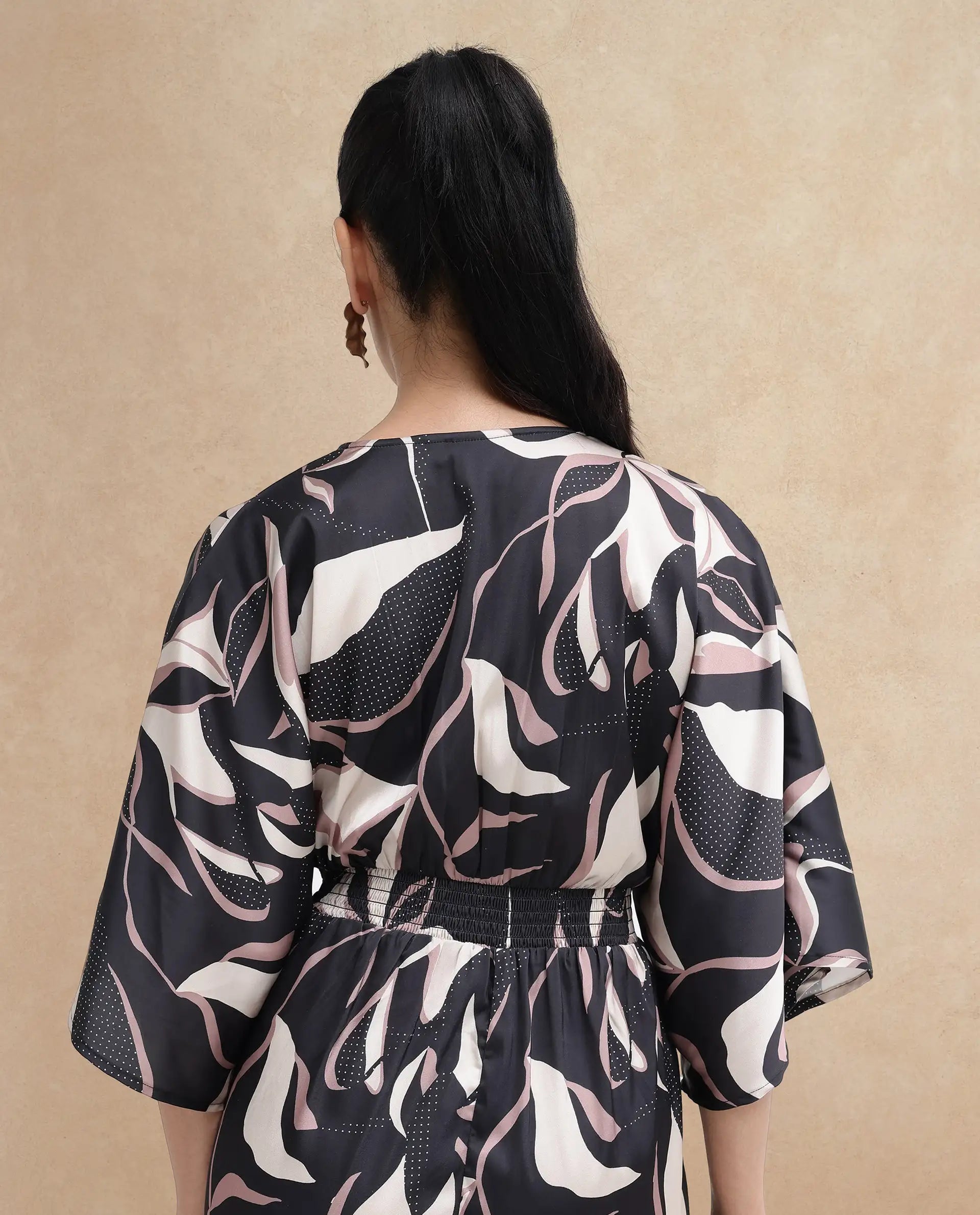 Rareism Women Sonrka Multi Zipper Closure Extended Sleeves Over Lap Neck Relaxed Fit Abstract Print Maxi Jump Suit