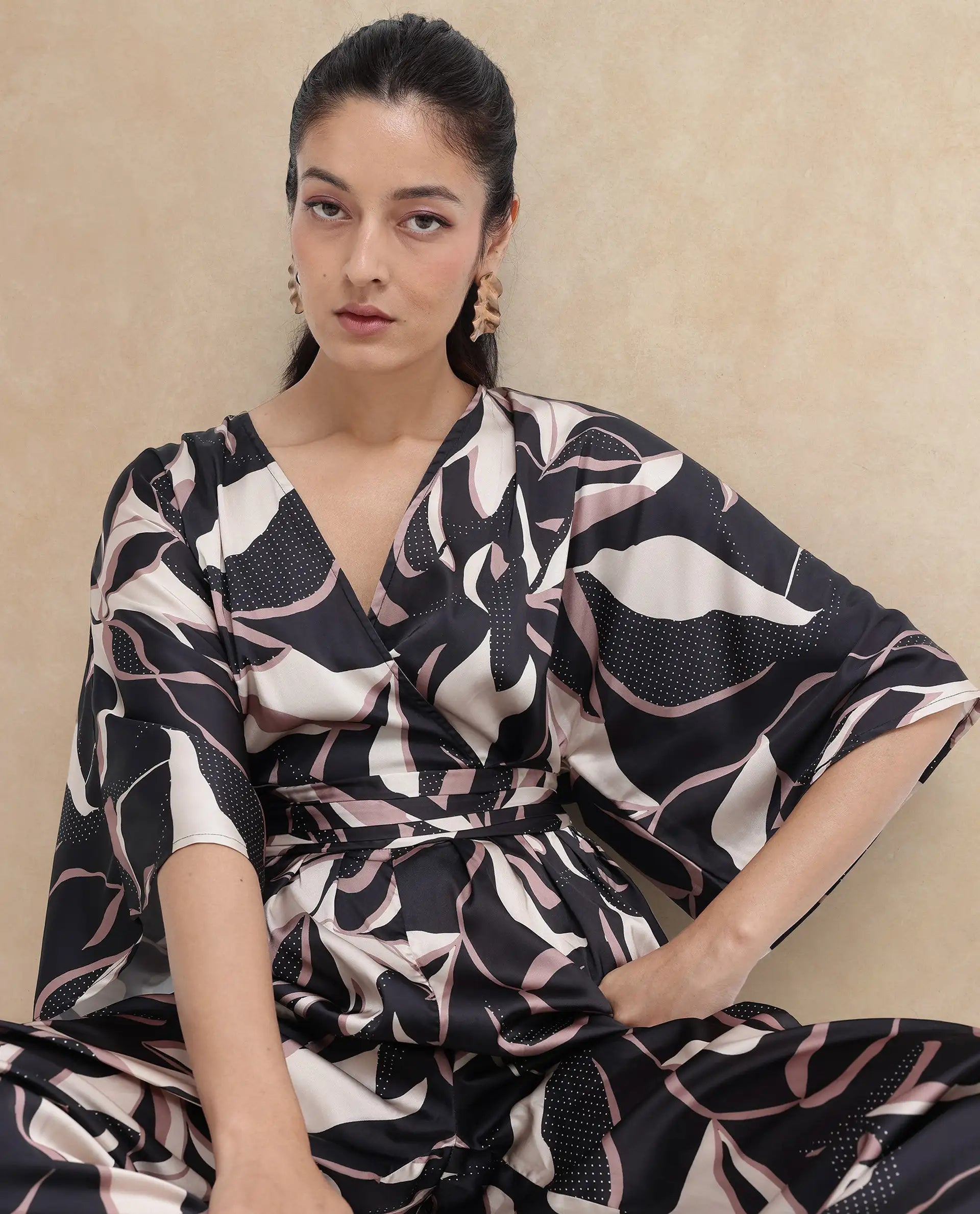 Rareism Women Sonrka Multi Zipper Closure Extended Sleeves Over Lap Neck Relaxed Fit Abstract Print Maxi Jump Suit