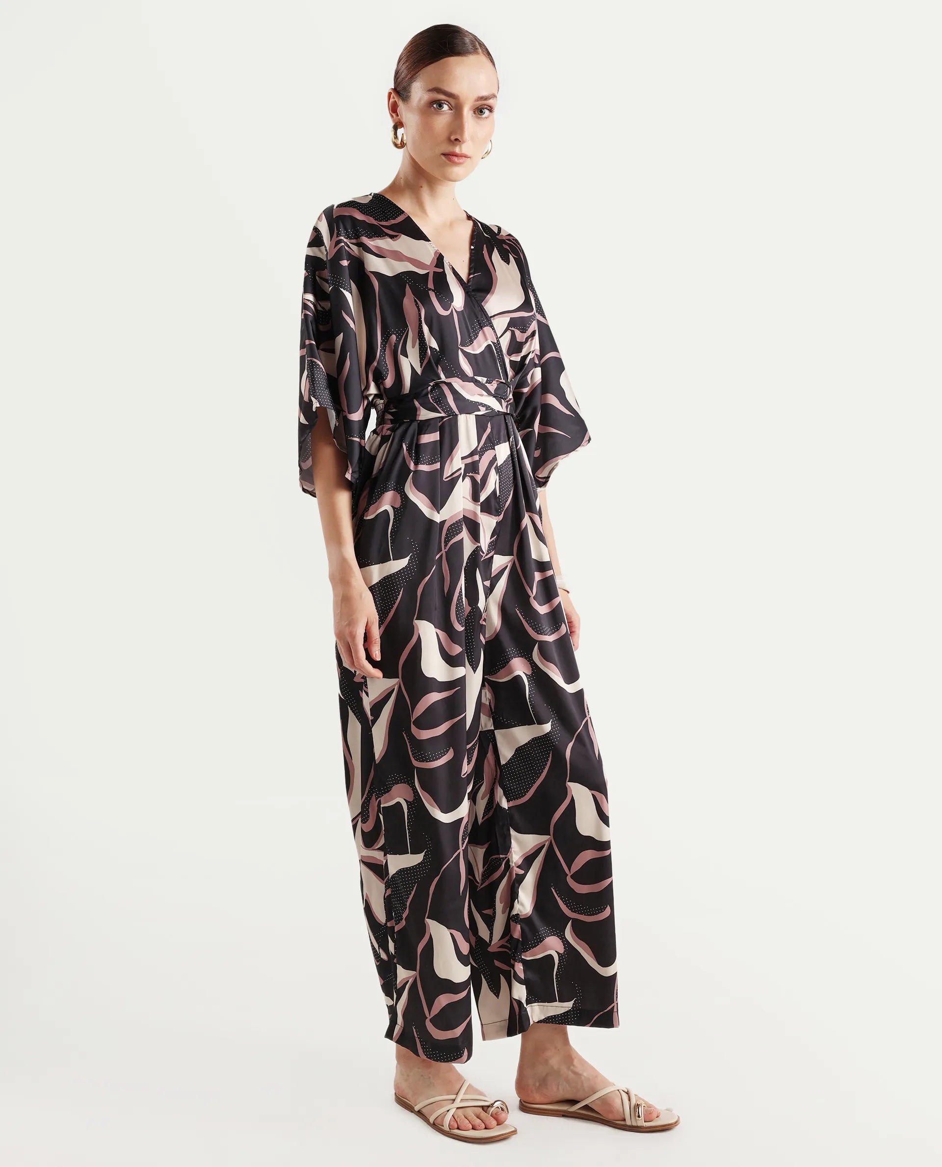 Rareism Women's Sonrka Multi Satin Overlap Neck Abstract Print Extended Sleeves Maxi Relaxed Fit Jumpsuit