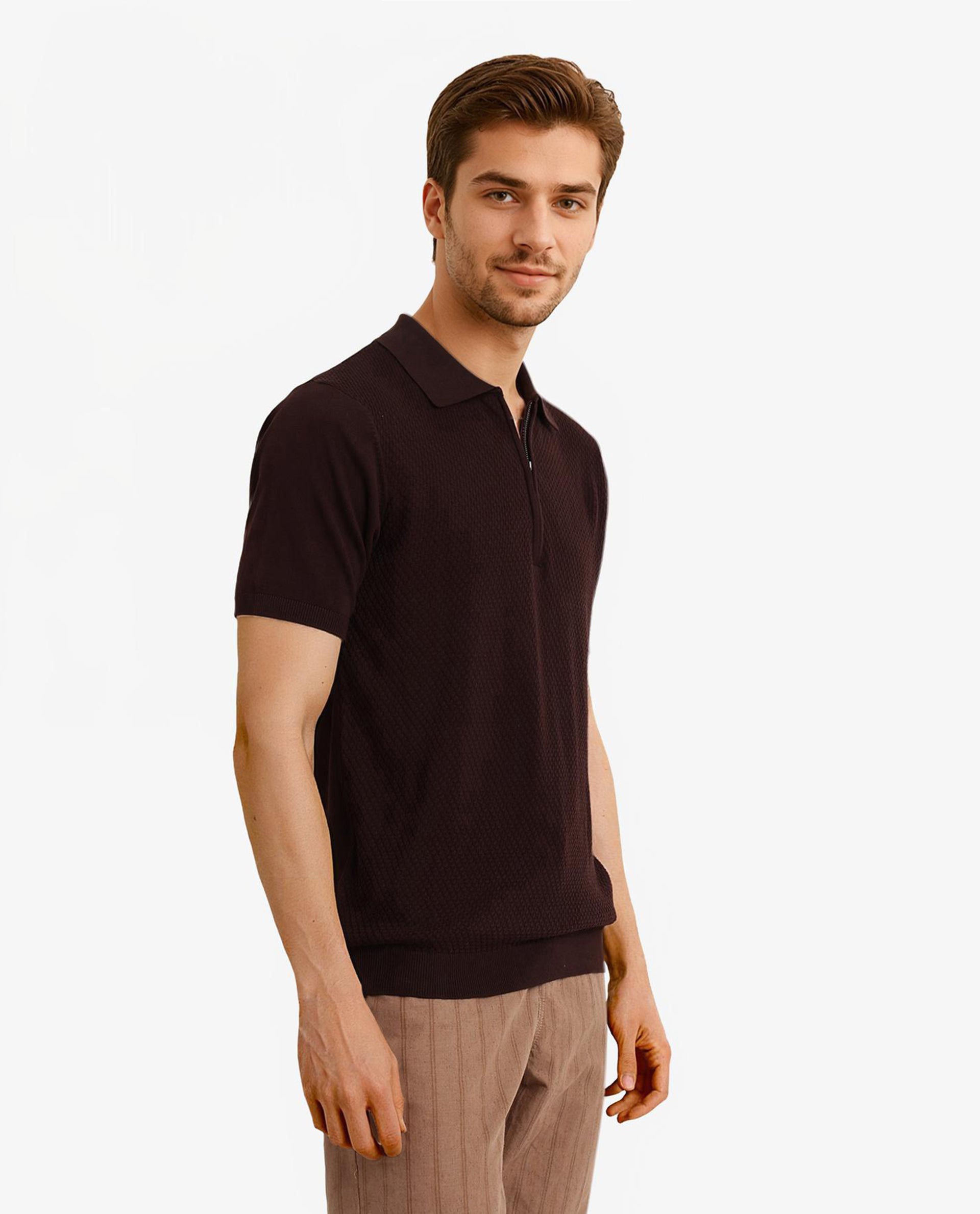 Rare Rabbit Men Sony Dark Brown Cotton Fabric Short Sleeve Zipper Closure Regular Fit Textured Polo T-Shirt