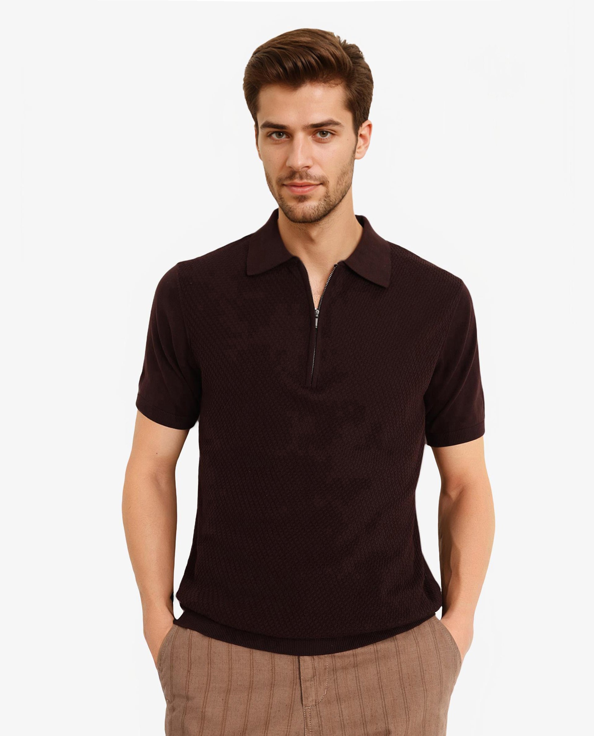 Rare Rabbit Men Sony Dark Brown Cotton Fabric Short Sleeve Zipper Closure Regular Fit Textured Polo T-Shirt