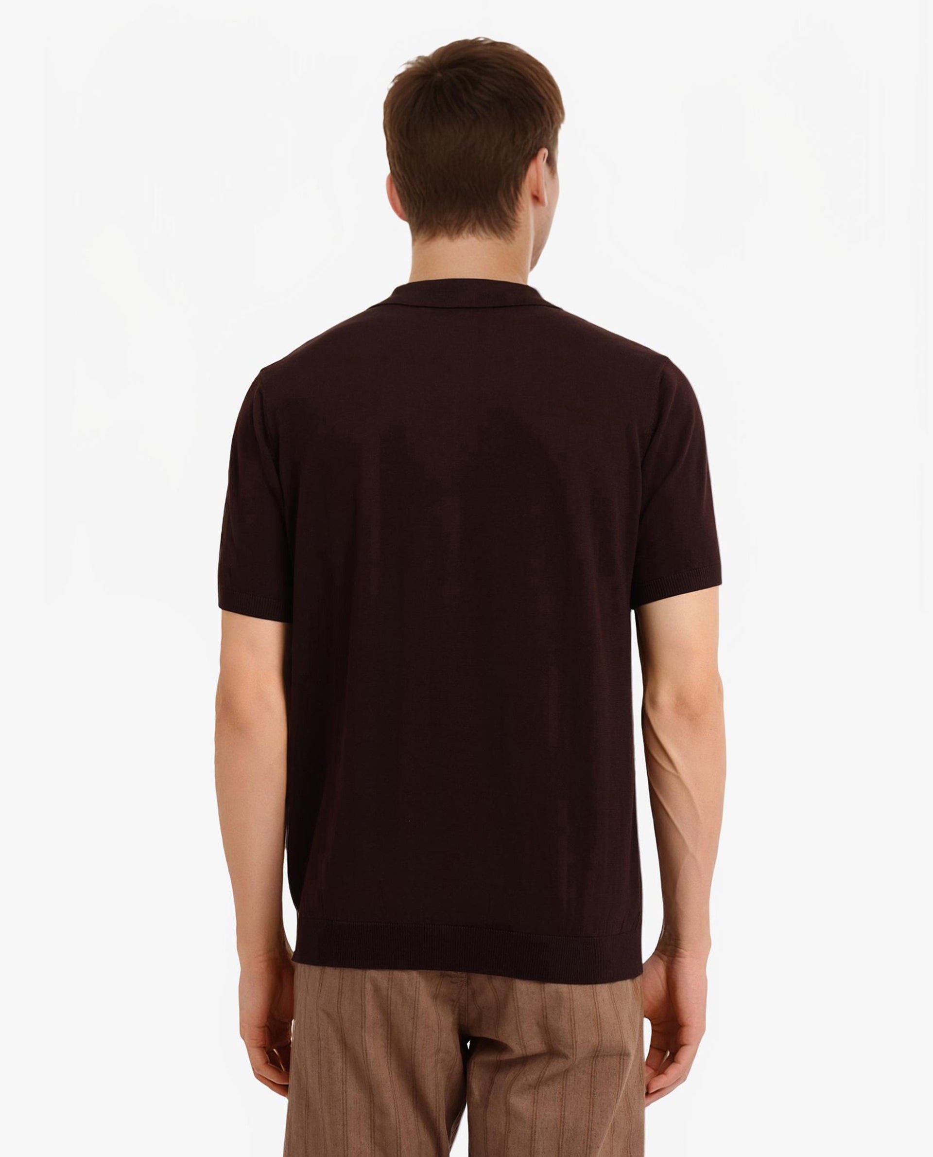 Rare Rabbit Men Sony Dark Brown Cotton Fabric Short Sleeve Zipper Closure Regular Fit Textured Polo T-Shirt