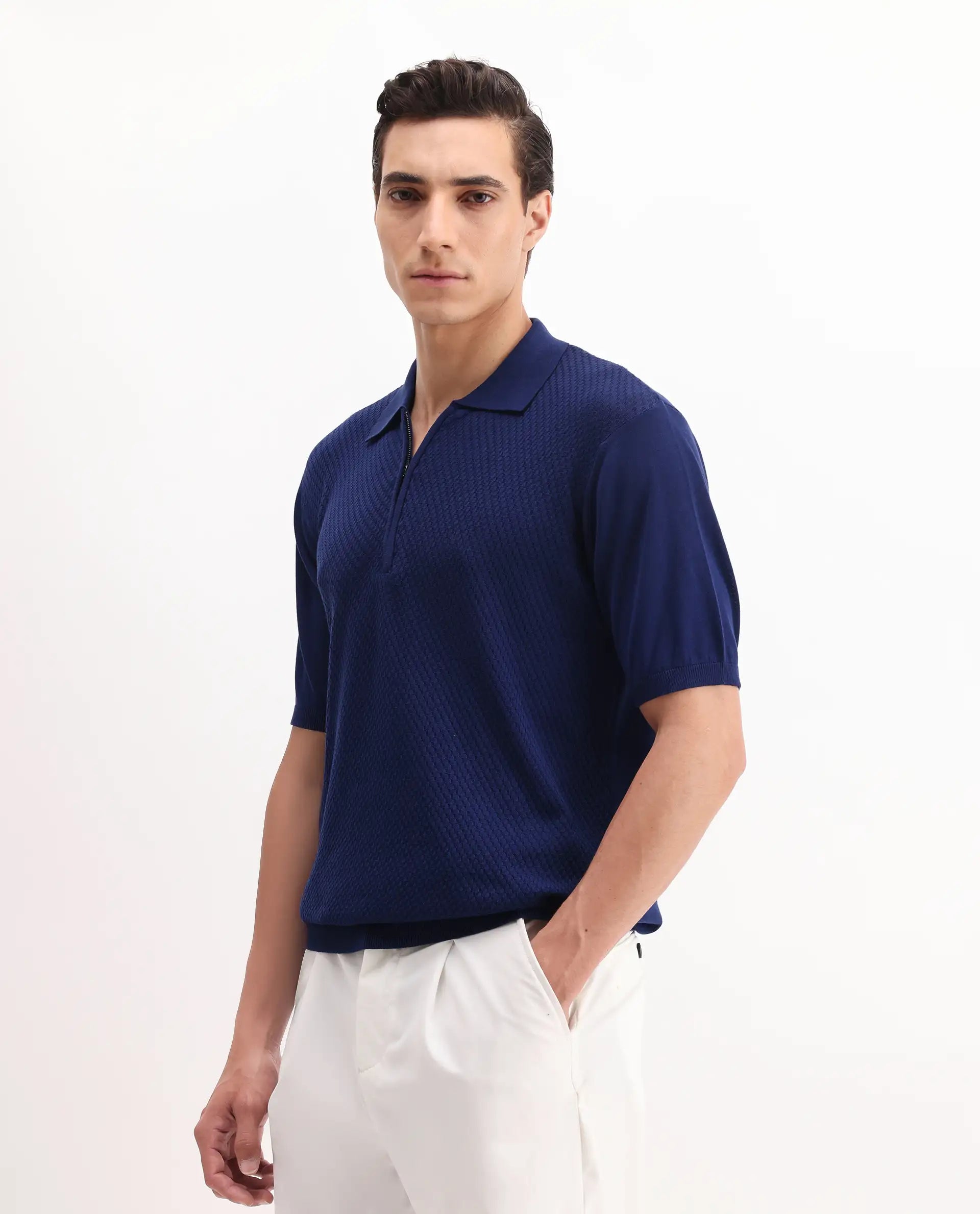 Rare Rabbit Men's Sony Dark Blue Cotton Textured Regular Fit Half Sleeve Polo