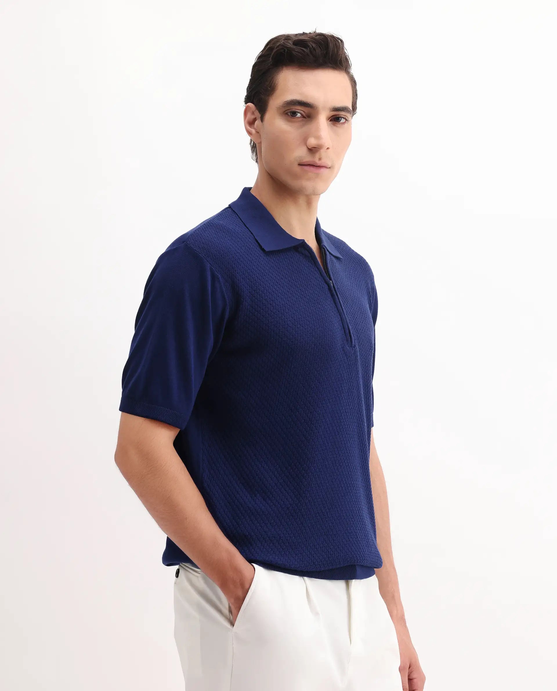 Rare Rabbit Men's Sony Dark Blue Cotton Textured Regular Fit Half Sleeve Polo