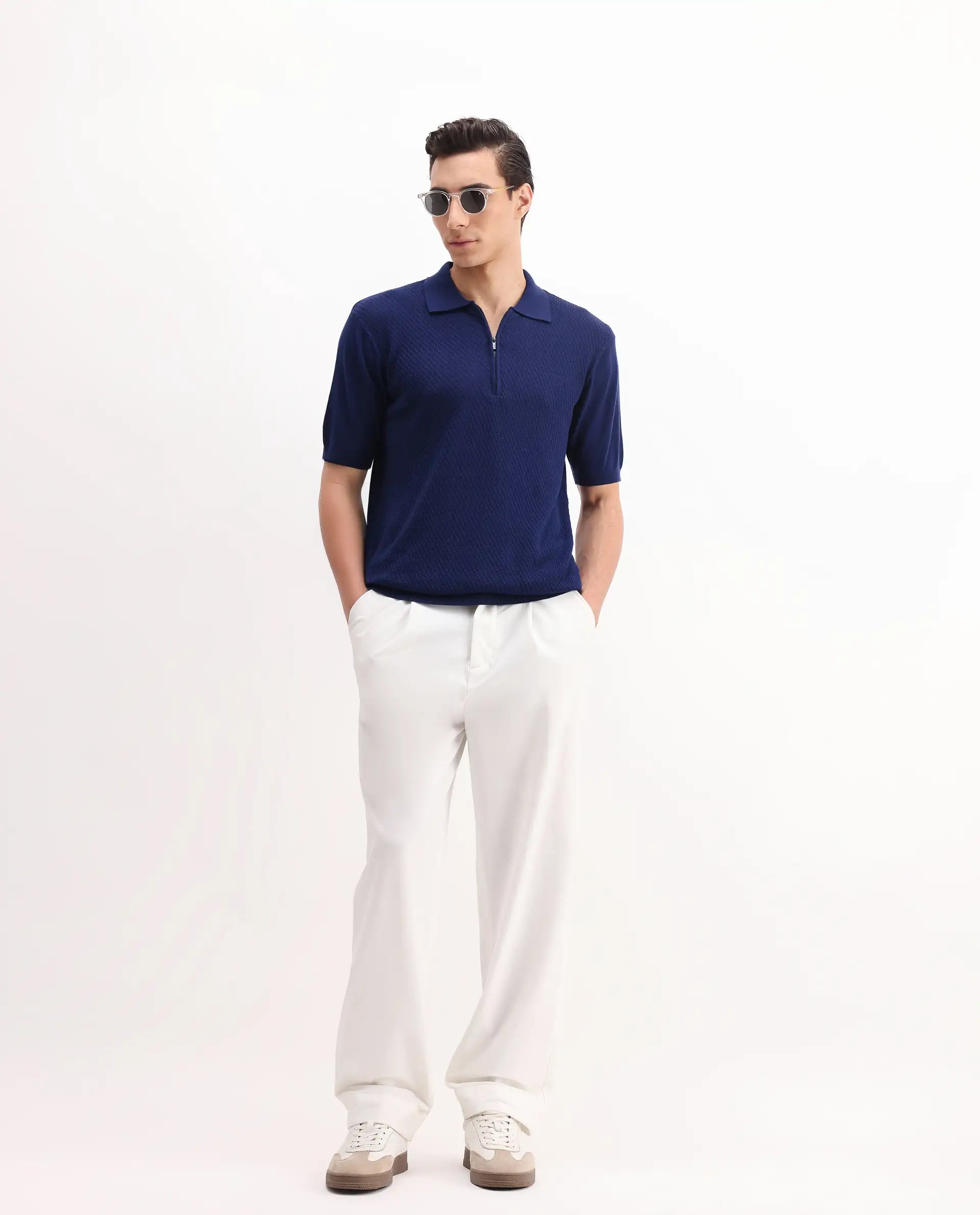 Rare Rabbit Men's Sony Dark Blue Cotton Textured Regular Fit Half Sleeve Polo