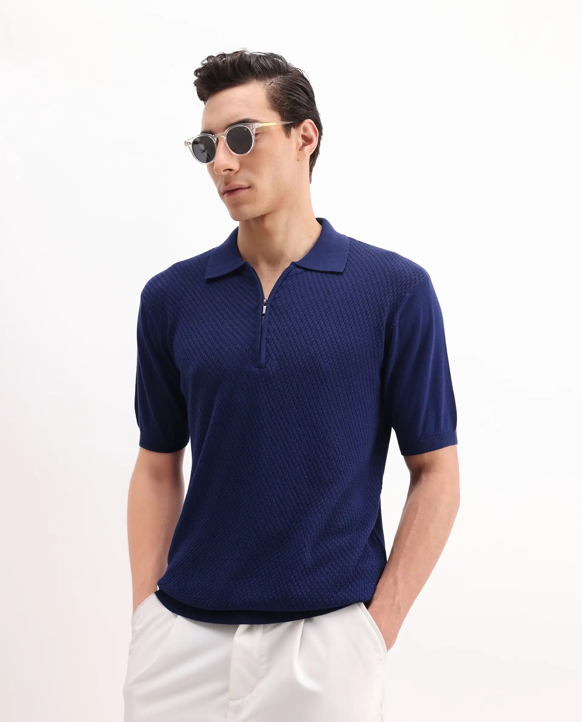 Rare Rabbit Men's Sony Dark Blue Cotton Textured Regular Fit Half Sleeve Polo