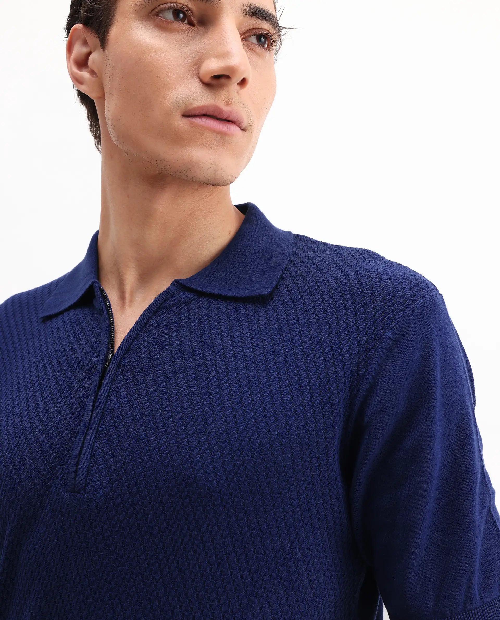 Rare Rabbit Men's Sony Dark Blue Cotton Textured Regular Fit Half Sleeve Polo