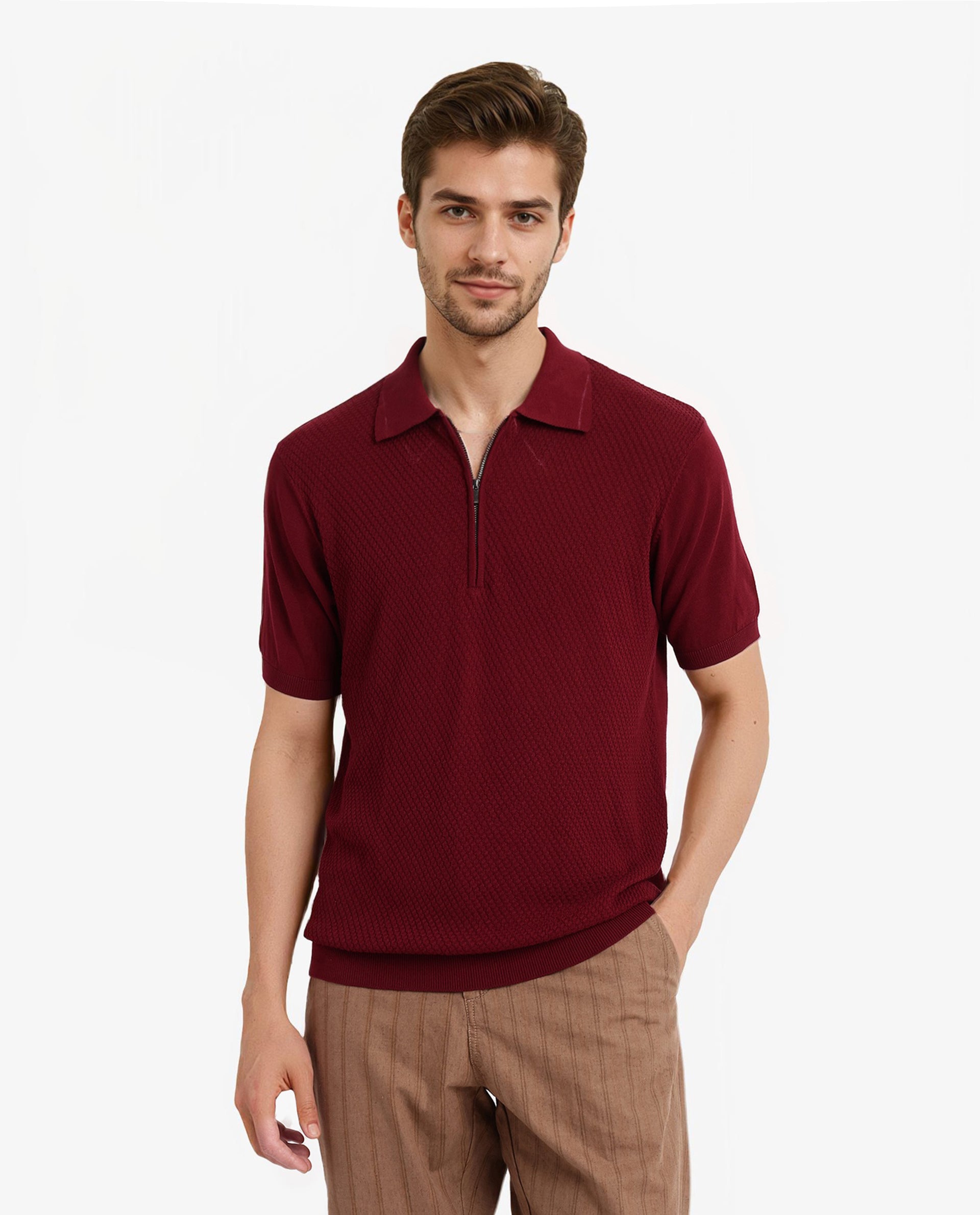 Rare Rabbit Men Sony Maroon Cotton Fabric Short Sleeve Zipper Closure Regular Fit Textured Polo T-Shirt