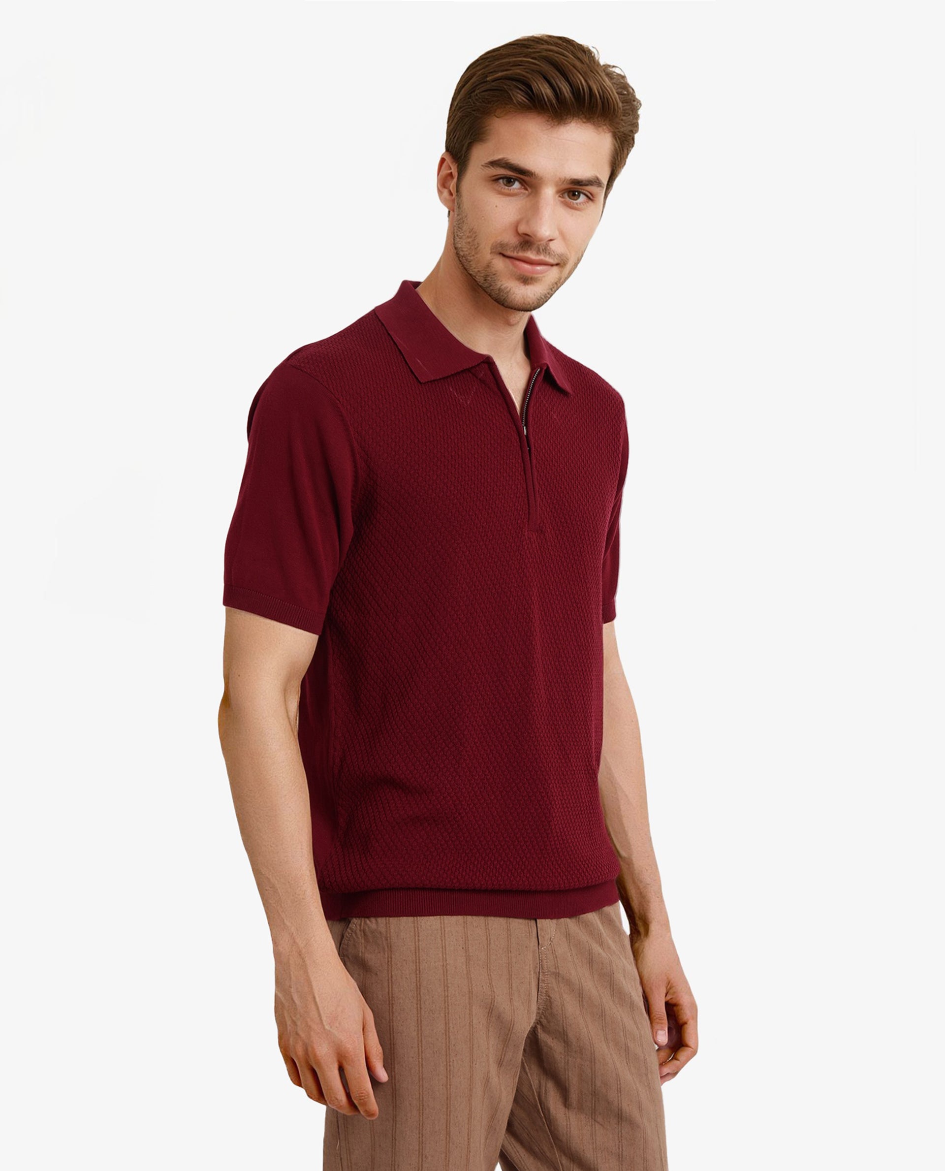 Rare Rabbit Men Sony Maroon Cotton Fabric Short Sleeve Zipper Closure Regular Fit Textured Polo T-Shirt
