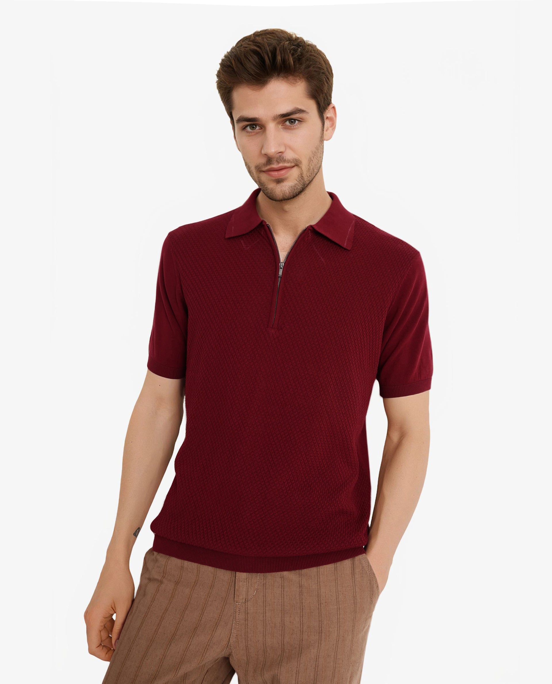Rare Rabbit Men Sony Maroon Cotton Fabric Short Sleeve Zipper Closure Regular Fit Textured Polo T-Shirt