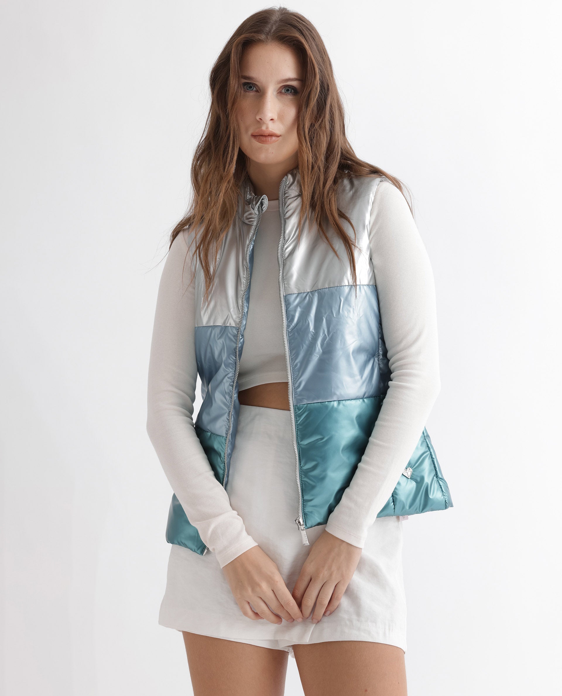 Rareism Women Sophia Silver Polyester Fabric Sleeveless Solid High Neck Jacket