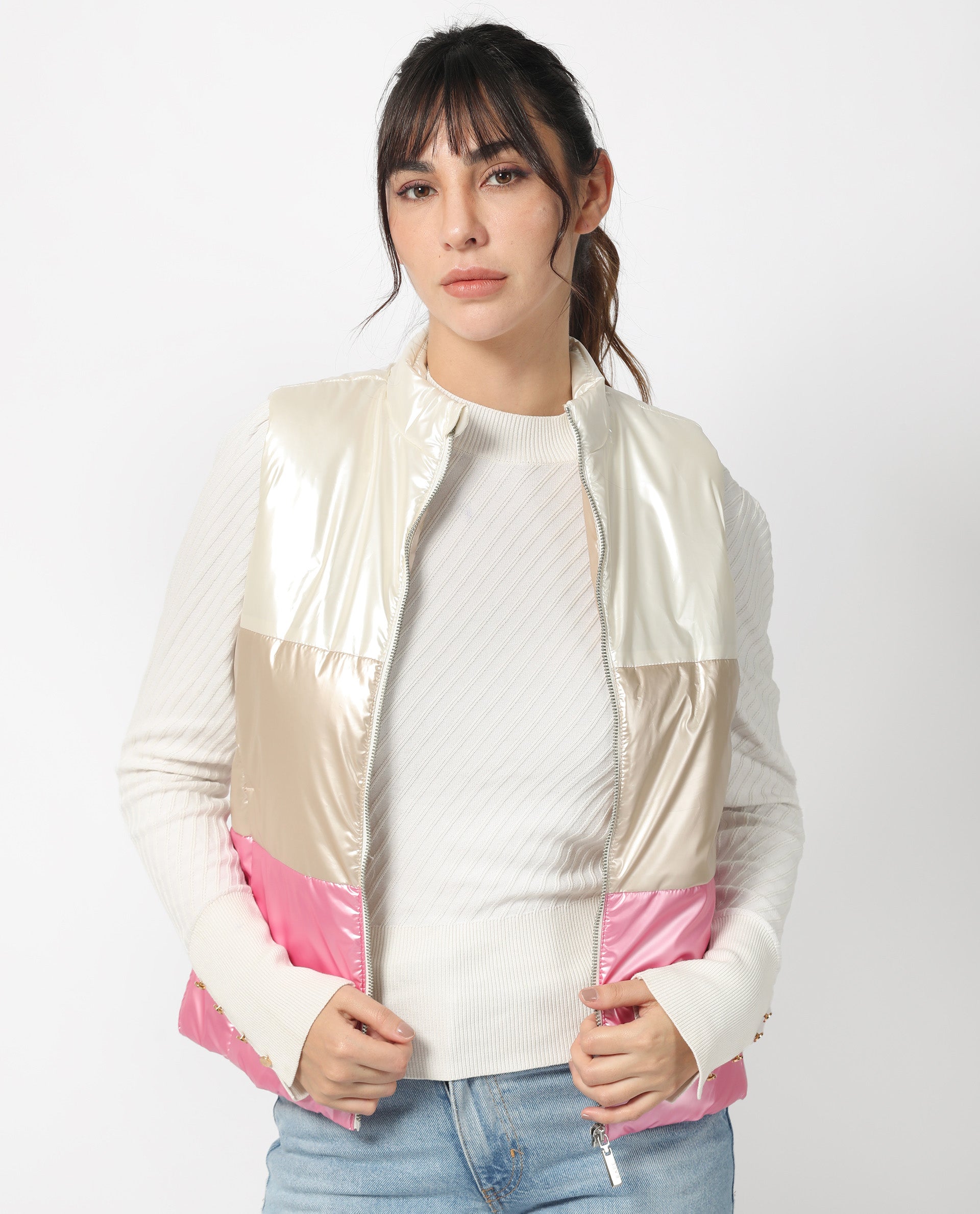 Rareism Women Sophia White Polyester Fabric Sleeveless Solid High Neck Jacket