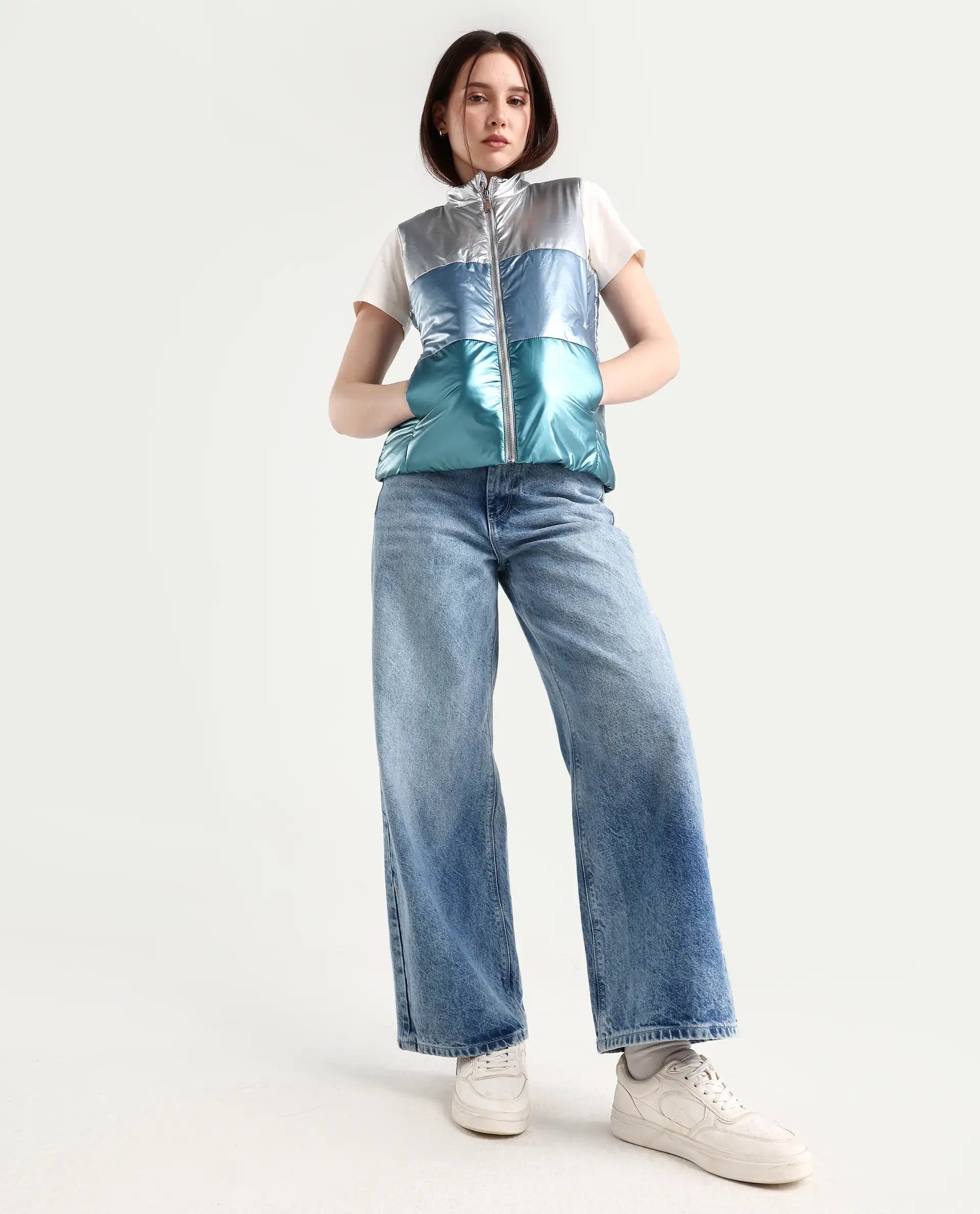 Rareism Women's Sophia Silver Polyester High Neck Color Block Sleeveless Regular Fit Jacket