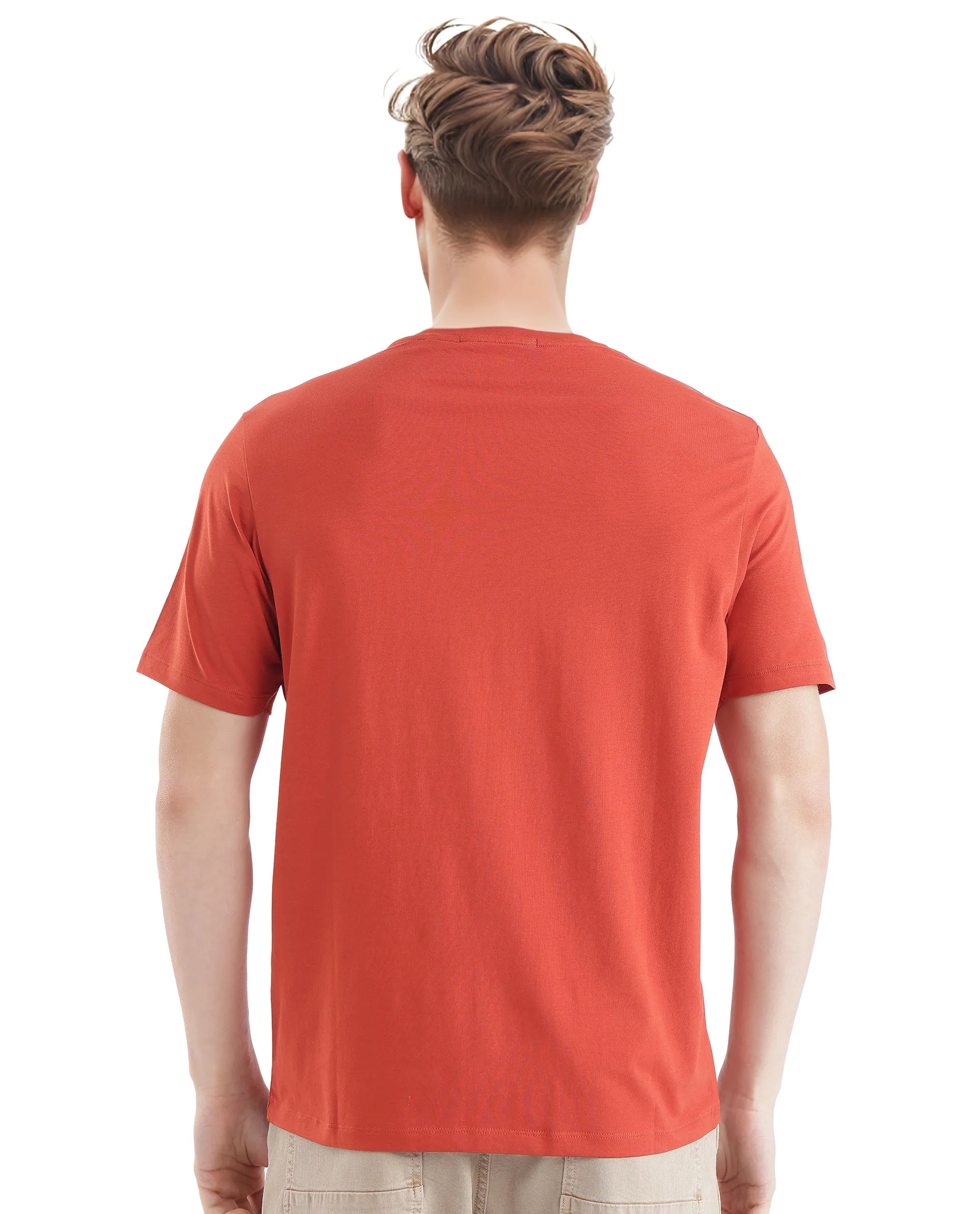 Rare Rabbit Men's Sorin-1 Rust Cotton Lycra Fabric Short Sleeve Crew Neck Graphic Print T-Shirt